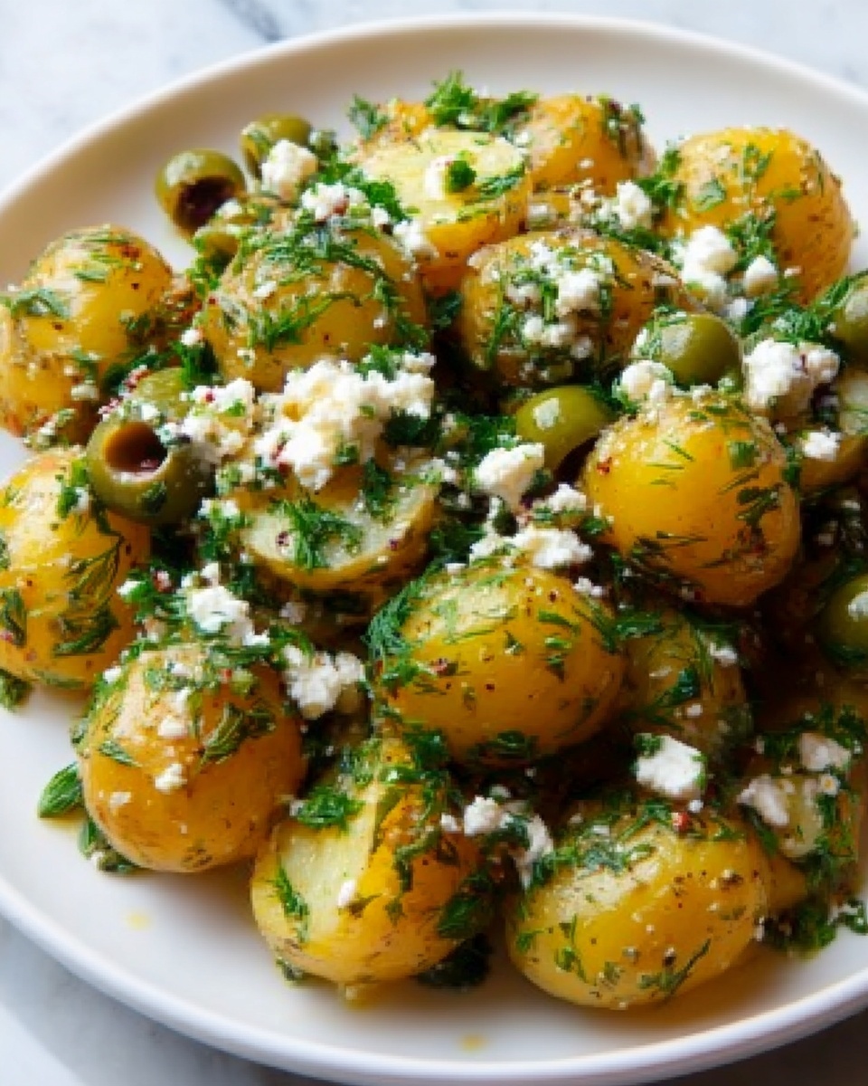 The image shows a close-up of a white plate filled with small yellow potatoes covered in chopped green herbs, likely parsley or dill. There are also dark green and purple olives mixed with the potatoes. Crumbled white cheese is spread unevenly over the top, adding a soft texture contrast to the smooth potatoes. The potatoes look shiny, suggesting they are coated in oil or dressing, and the overall dish appears fresh and colorful, set against a white marbled background. photo taken with an iphone --ar 4:5 --v 7