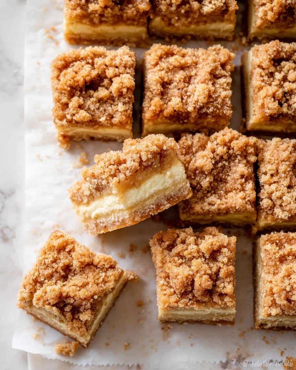 The image shows square crumb bars arranged in four rows and four columns on a white marbled surface. Each bar has three visible layers: a thin golden brown crust at the bottom, a thick creamy light yellow filling in the middle, and a thick crumbly topping of golden brown crumbs scattered unevenly on top. One bar in the center is pulled apart to reveal the soft, smooth middle layer surrounded by the crumbly top and firm base. The bars have a rough, crumbly texture on top with small pieces breaking off around the edges. photo taken with an iphone --ar 4:5 --v 7