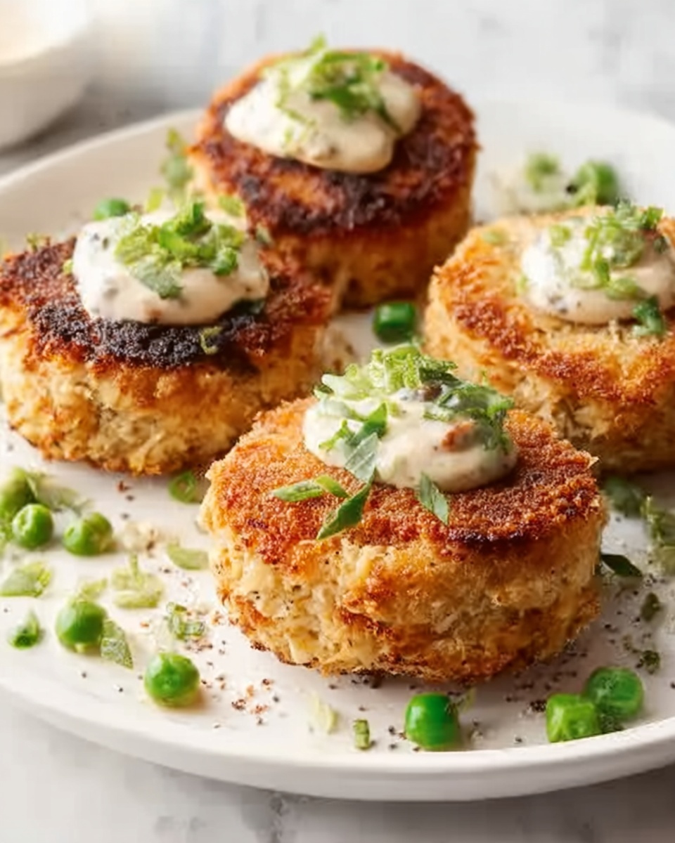 The image shows four golden-brown crab cakes with a crispy texture on a white plate, garnished with small green onion slices scattered around. Each crab cake is topped with a small dollop of light-colored sauce with a sprinkle of seasoning. The background is a white marbled surface, giving a clean and bright look to the scene. photo taken with an iphone --ar 4:5 --v 7