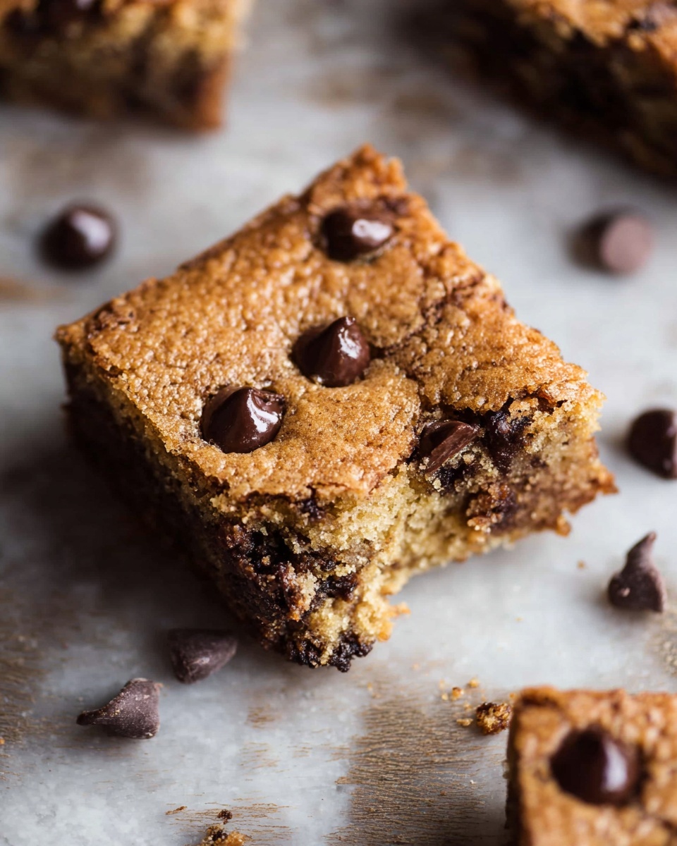 The image shows a single square piece of chocolate chip cookie bar with a golden-brown top layer dotted evenly with semi-melted dark chocolate chips. Beneath the top, there is a thick, crumbly layer of soft, light brown cookie dough with a moist texture, visible where a bite has been taken out. Around the main piece, there are a few scattered chocolate chips and small crumbs on a white marbled surface. Other pieces of the cookie bar with similar texture and color are slightly visible near the edges of the frame. photo taken with an iphone --ar 4:5 --v 7