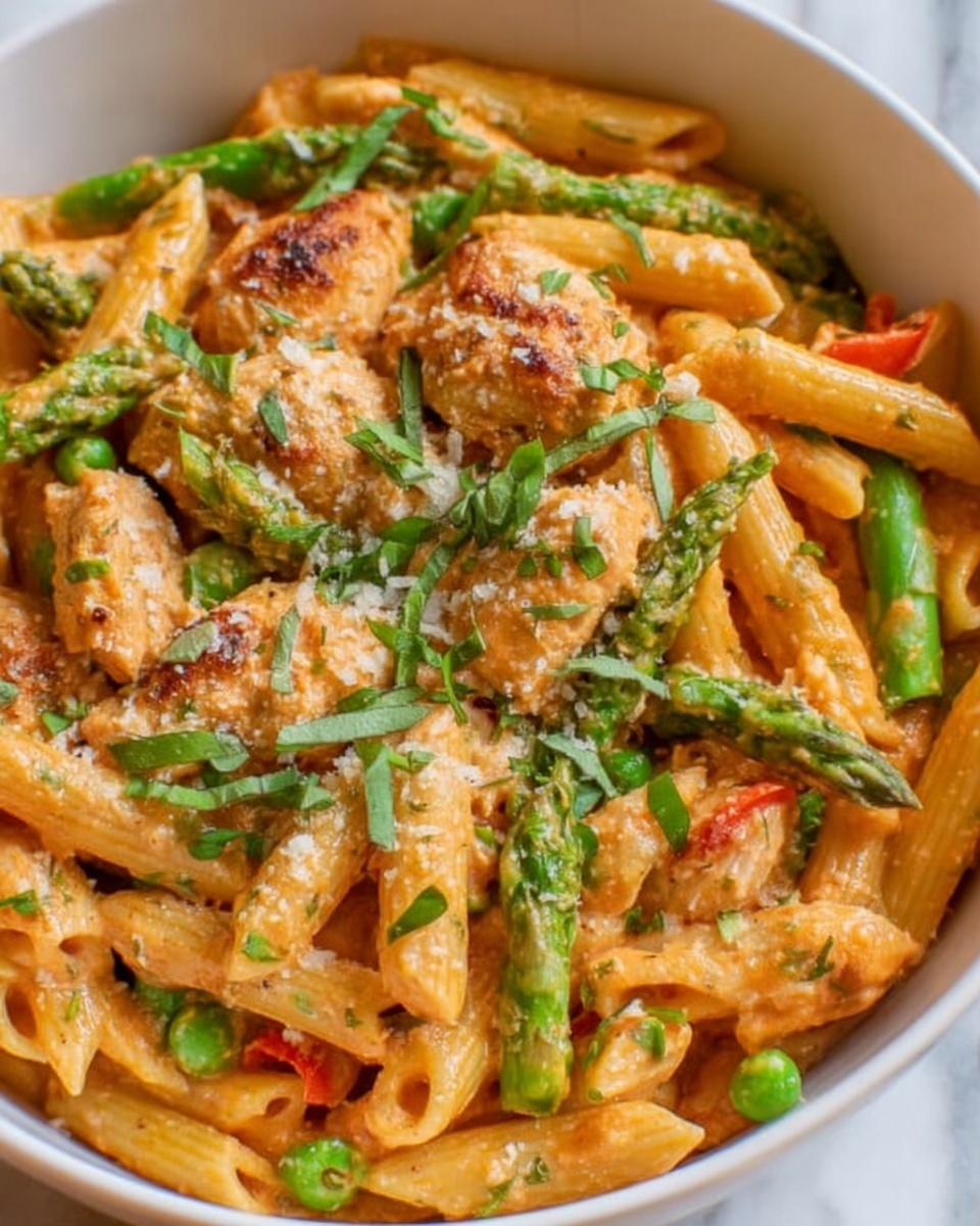 A close-up view of a white bowl filled with creamy orange-colored penne pasta mixed with bright green asparagus pieces and peas. There are shrimp coated in the same orange sauce scattered throughout the dish, sprinkled lightly with grated cheese and chopped green herbs. Small red bits, likely tomatoes, add a pop of color, and the sauce looks smooth and rich, covering all elements evenly. The background is a white marbled texture. photo taken with an iphone --ar 4:5 --v 7
