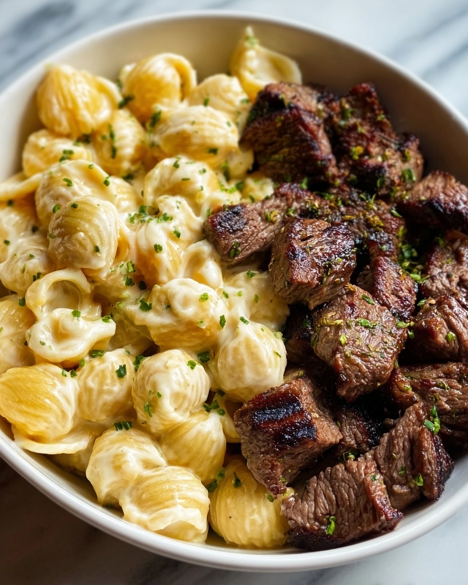 The image shows a white rectangular dish filled with two distinct layers. On the left side, there are large shell pasta pieces cooked to a soft yellow color, topped with small green herb bits scattered evenly for a fresh look. On the right side, there are small chunks of grilled beef, dark brown with a slightly charred texture, arranged closely together. The dish is placed on a white marbled surface. photo taken with an iphone --ar 4:5 --v 7