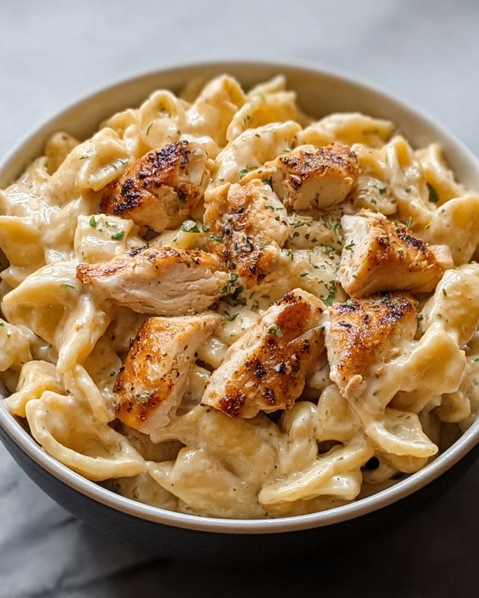 A close-up of a white bowl filled with creamy pasta. The pasta shells are coated in a thick, smooth light beige sauce, with small chunks of grilled chicken on top that are golden brown with a slight char. The sauce looks rich and covers every piece of pasta fully. There are tiny specks of black pepper scattered over the dish, adding contrast to the creamy color. The bowl is set on a white marbled surface. photo taken with an iphone --ar 4:5 --v 7