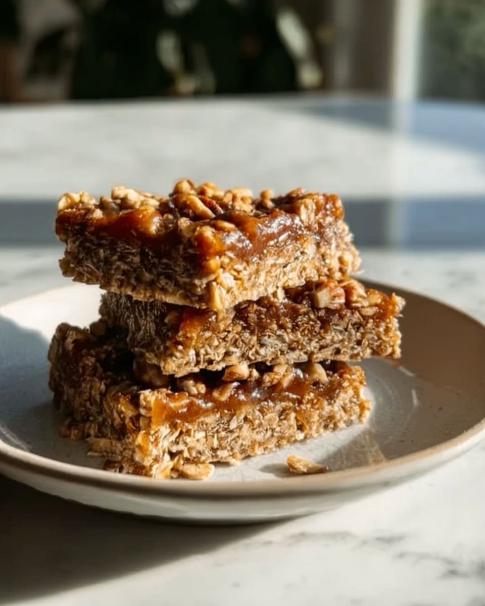 The image shows a close-up of three stacked bars with a crumbly texture on a white plate. The bars have multiple layers: a base of mixed oats and seeds in golden brown, topped by a gooey layer of glossy, dark amber caramel or syrup, and sprinkled with bits of nuts or seeds adding texture on top. The bars are unevenly cut, showing the rough mix of ingredients inside. The background is a white marbled surface with soft natural light creating gentle shadows. photo taken with an iphone --ar 4:5 --v 7
