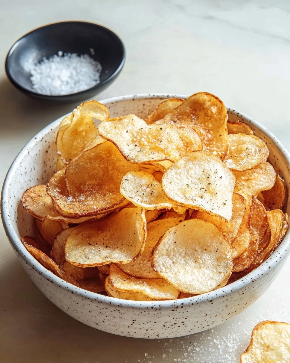 A white speckled bowl filled with thin, crispy potato chips stacked loosely, each chip showing a golden yellow to light brown gradient with some darker crispy edges, and small black specks of seasoning scattered on top. The chips have a slightly curled texture and appear crunchy. Some light seasoning powder is scattered around the bowl on a white marbled surface. Photo taken with an iphone --ar 4:5 --v 7