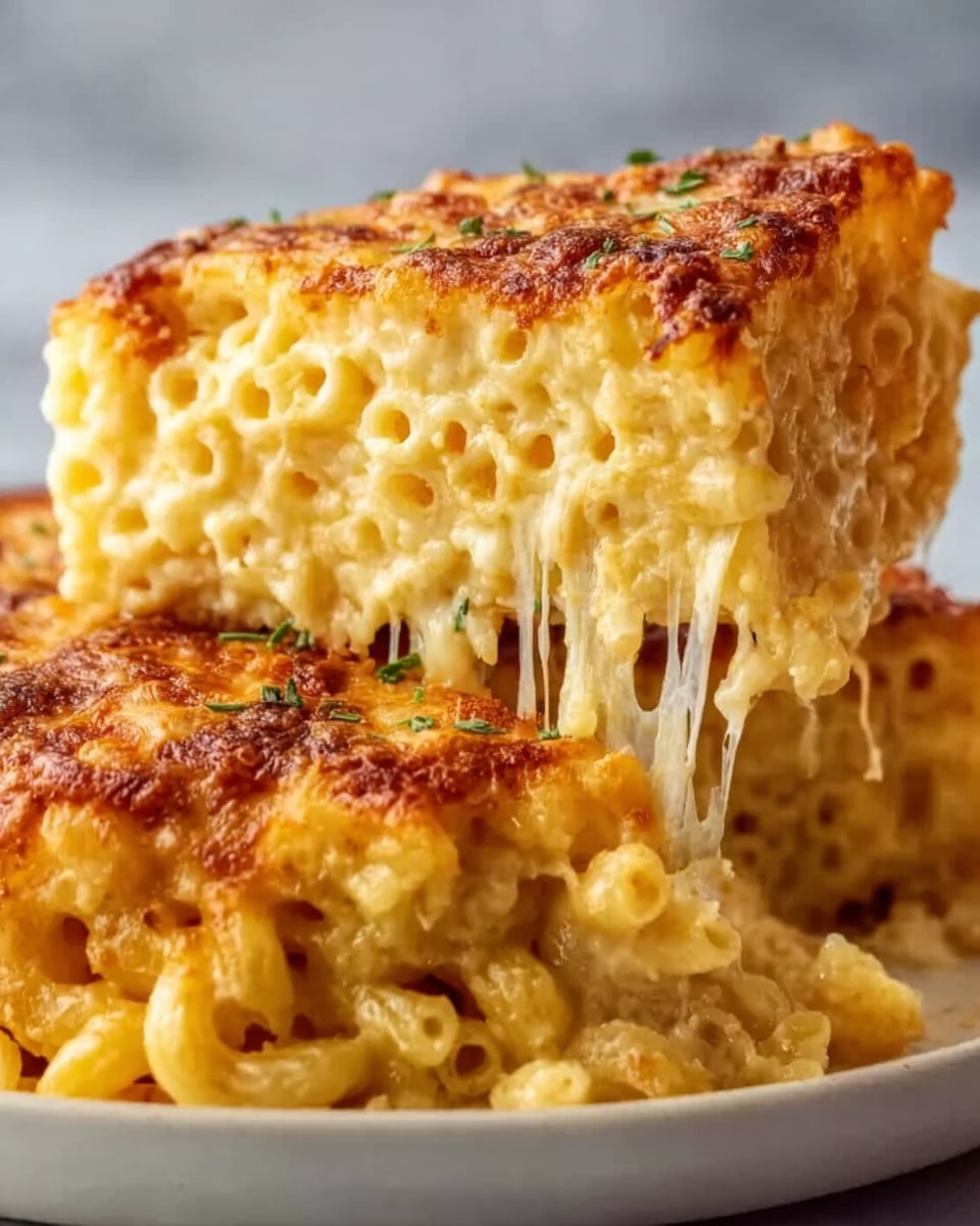 The image shows a close-up of a golden brown baked macaroni and cheese slice being lifted, revealing multiple layers of creamy pasta mixed with melted cheese strings stretching from the base. The top layer is crispy and browned with a slightly crunchy texture, while underneath are soft, cheesy macaroni pieces in a rich, gooey sauce. The dish sits on a white plate, all placed on a white marbled surface. photo taken with an iphone --ar 4:5 --v 7