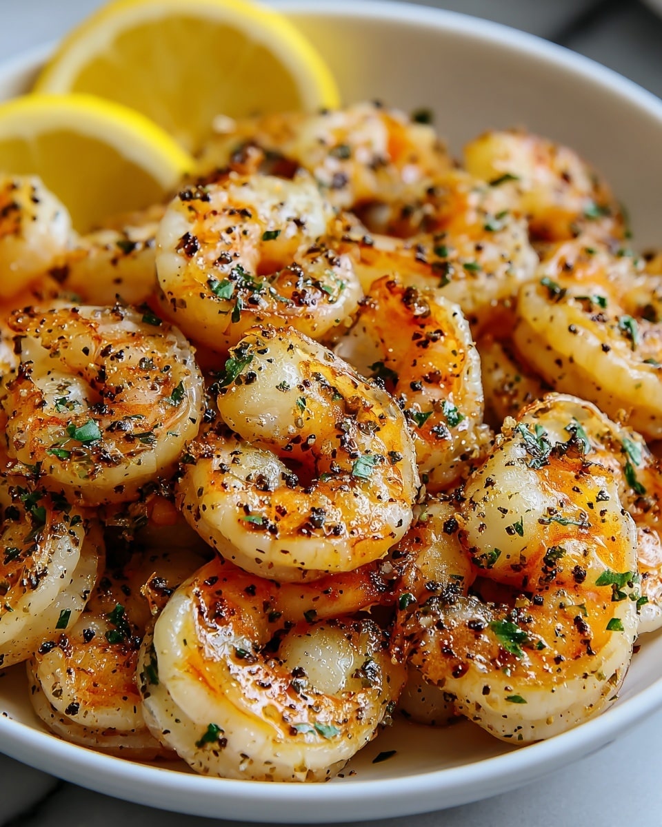 A white bowl filled with a single layer of cooked shrimp, each shrimp showing a split curl shape with a golden brown grilled surface speckled with black pepper and green chopped herbs, likely parsley, scattered evenly on top; in the background, out of focus, are two lemon wedges adding a bright yellow contrast; the shrimp have a shiny, slightly oily texture that reflects light, enhancing their appetizing look; the whole scene rests on a white marbled textured surface. photo taken with an iphone --ar 4:5 --v 7