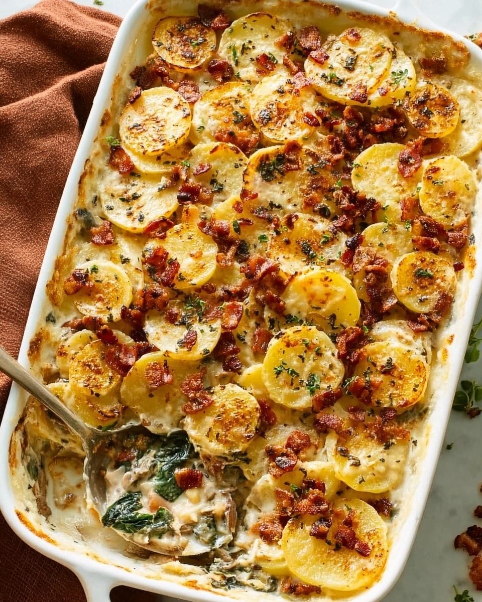A white rectangular baking dish filled with layers of round sliced potatoes that are golden and slightly crispy on top, with bits of cooked bacon scattered across the surface. There is a creamy sauce visible between the layers, along with some cooked spinach and small pieces of onion mixed in. The potato slices are arranged closely together in overlapping rows covering the whole dish. A spoon has scooped out a portion, showing soft and creamy layers underneath with a mix of white sauce, green spinach, and brown bacon. The dish is sprinkled with chopped green herbs and black pepper. The dish sits on a white marbled surface, and a rust-colored cloth is partially visible on the side. Photo taken with an iphone --ar 4:5 --v 7