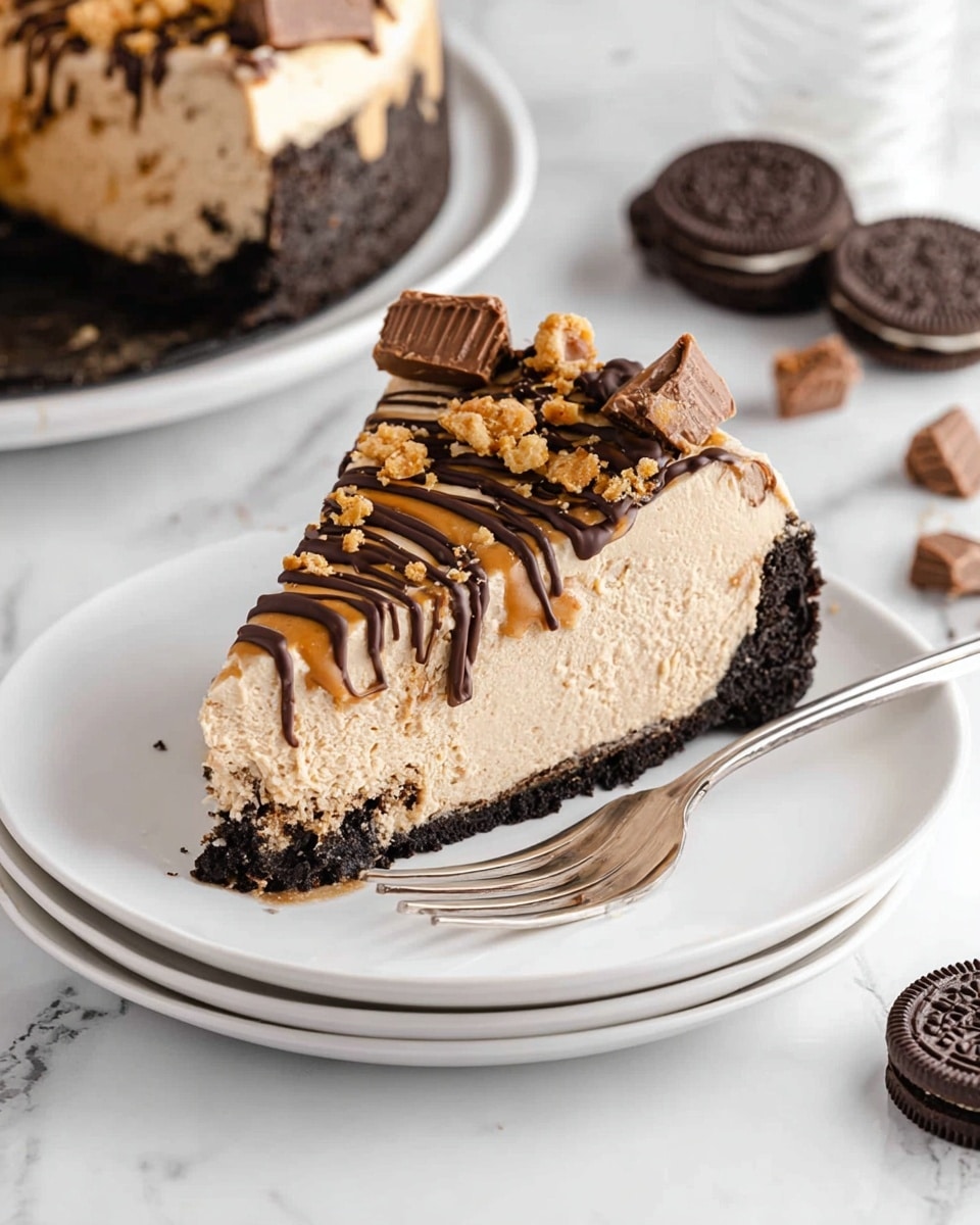 A slice of creamy peanut butter pie with three distinct layers is placed on a white plate. The bottom layer is a dark, crumbly chocolate crust, followed by a thick, light brown peanut butter filling with a smooth yet slightly whipped texture. The top layer is decorated with swirls of chocolate and peanut butter drizzle, and pieces of chopped peanut butter cup candies are scattered on top. A silver fork lies next to the slice on the plate. The background features a white marbled texture with some cookie crumbs and an Oreo cookie nearby. Photo taken with an iphone --ar 4:5 --v 7