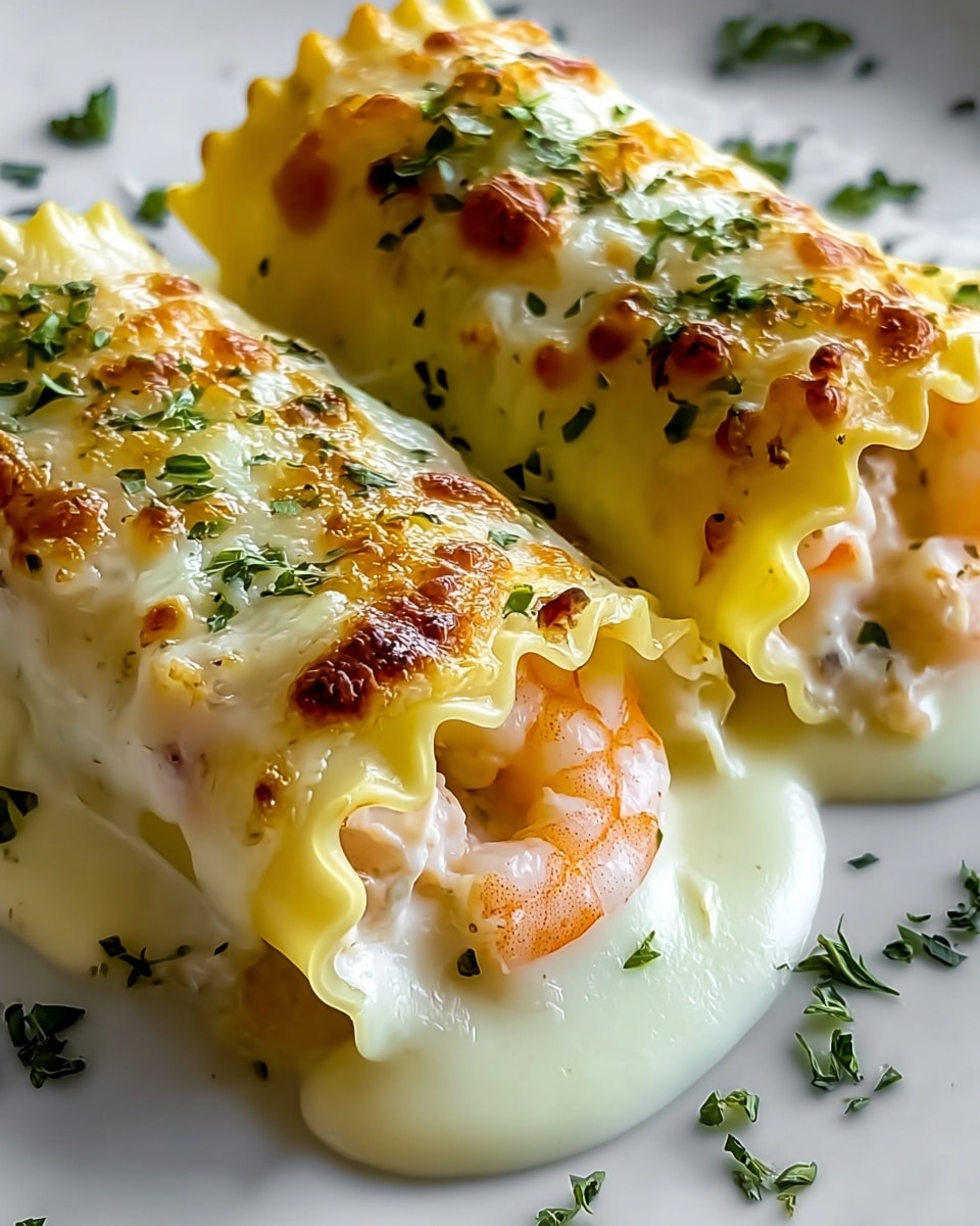 Two rolled cannelloni pasta tubes are placed on a white plate with a white marbled texture background. Each tube is filled with plump, light pink shrimp pieces visible at the open ends. The pasta is covered by a thick layer of creamy white sauce topped with golden-brown melted cheese that has small browned spots. Finely chopped green herbs are sprinkled across the cheese and around the plate, adding color contrast. The edges of the pasta tubes show a slight ruffled texture. Photo taken with an iphone --ar 4:5 --v 7