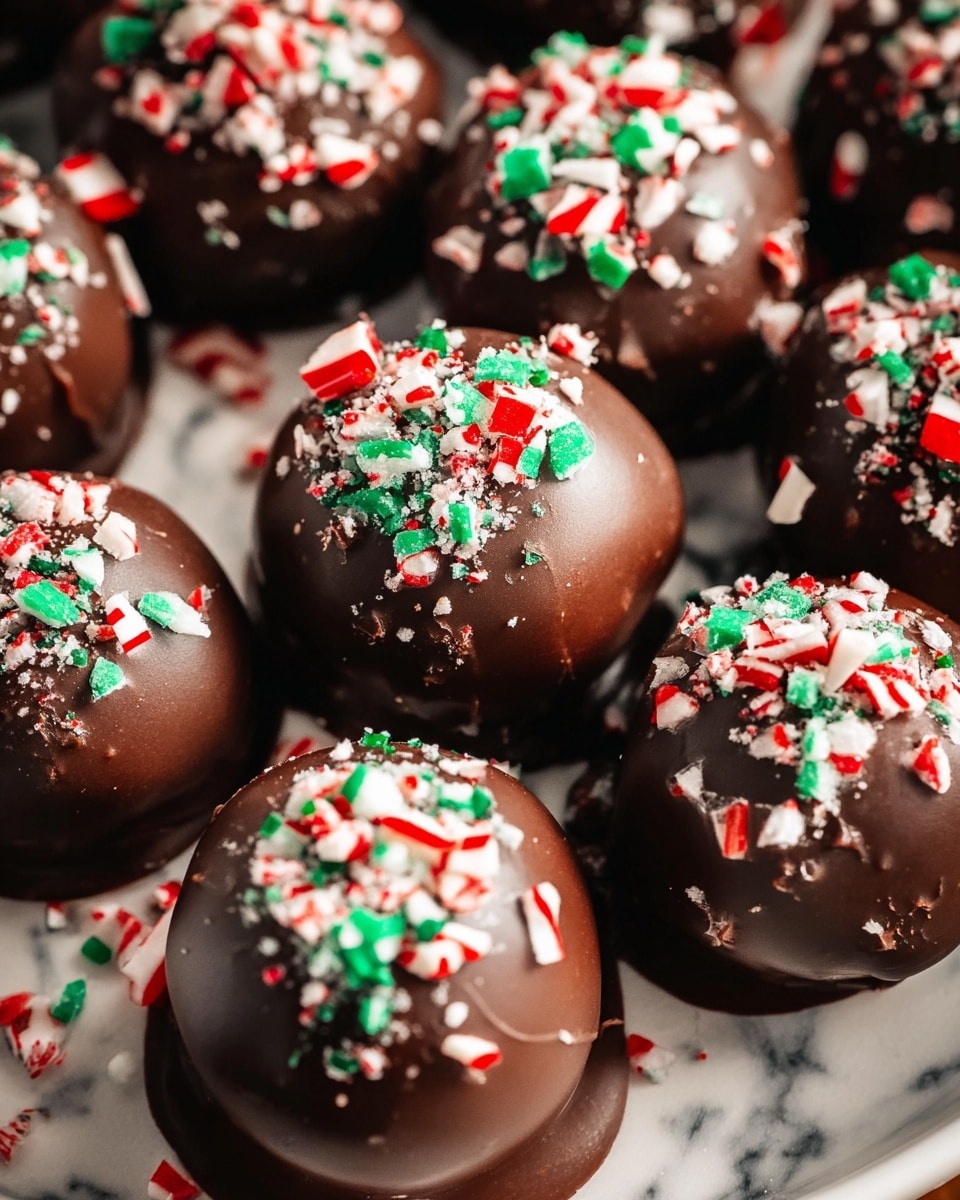 A close-up view of round chocolate truffles arranged in a tight cluster on a white marbled surface. Each truffle has a smooth, shiny dark brown chocolate coating forming the first visible layer, with a slightly uneven but glossy texture. On top of each truffle, there is a sprinkling of crushed candy canes in red, white, and green bits, adding a colorful and rough second layer. The contrast between the dark chocolate and the bright candy pieces creates a festive look. The photo taken with an iphone --ar 4:5 --v 7