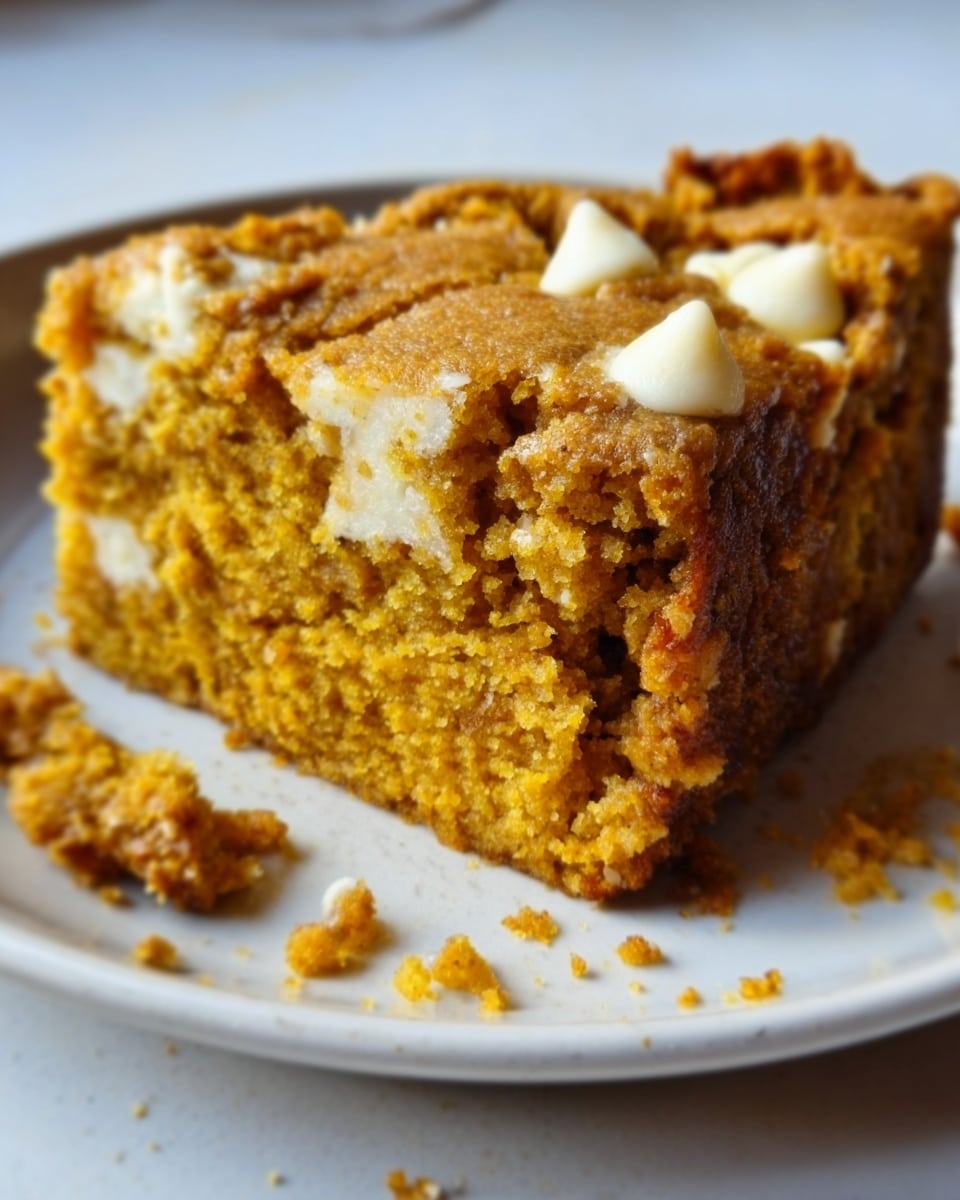 A close-up of a square slice of pumpkin cake with a crumbly golden-brown top layer featuring white chocolate chips scattered on the surface. The middle layer is a moist, dense orange pumpkin cake with a soft texture and small bits of nuts inside. The slice rests on a white plate, set against a background with a white marbled texture. Photo taken with an iphone --ar 4:5 --v 7