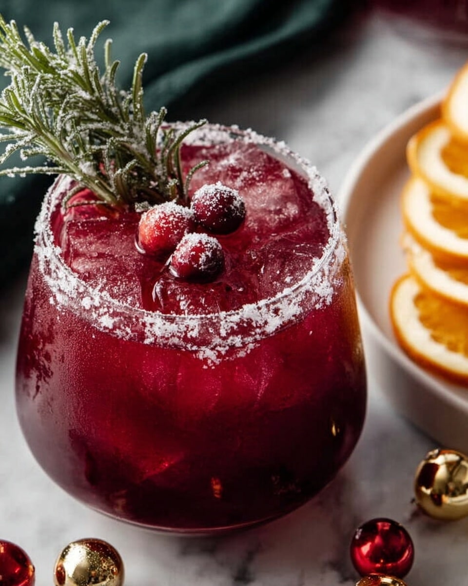 A clear round glass filled with a deep red drink, topped with a frosty layer of crushed ice, a single red berry, and a green sprig of rosemary resting on top. The drink has tiny bubbles visible inside. The glass is placed on a white marbled surface with a dark green cloth partially visible on the side. Nearby, there is a white plate with slices of dried orange surrounded by white coarse salt. Shiny red and gold Christmas ornaments are placed around the glass and plate. photo taken with an iphone --ar 4:5 --v 7