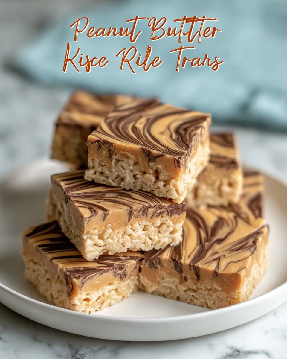 The image shows a stack of six square peanut butter rice krispie treats on a white plate. Each treat has two clear layers: the bottom layer is pale beige and textured with crunchy rice cereal, while the top layer is smooth with swirls of light brown peanut butter and dark brown chocolate creating a marbled pattern. The treats are neatly stacked, with some pieces slightly tilted and overlapping. The background is a white marbled texture. Photo taken with an iphone --ar 4:5 --v 7