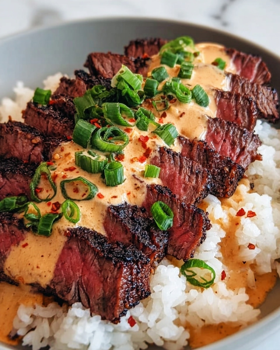 The dish shows several slices of grilled steak with a dark, crispy outer layer and a pink center arranged on top of a bed of white rice with a sticky texture. On top of the steak, there is a creamy sauce with a slightly orange color and some red specks, giving it a rich and smooth look. Finally, chopped green onions are sprinkled over the sauce, adding a fresh green color that contrasts with the warm tones of the meat and sauce. The whole dish rests on a white plate set on a white marbled surface. photo taken with an iphone --ar 4:5 --v 7