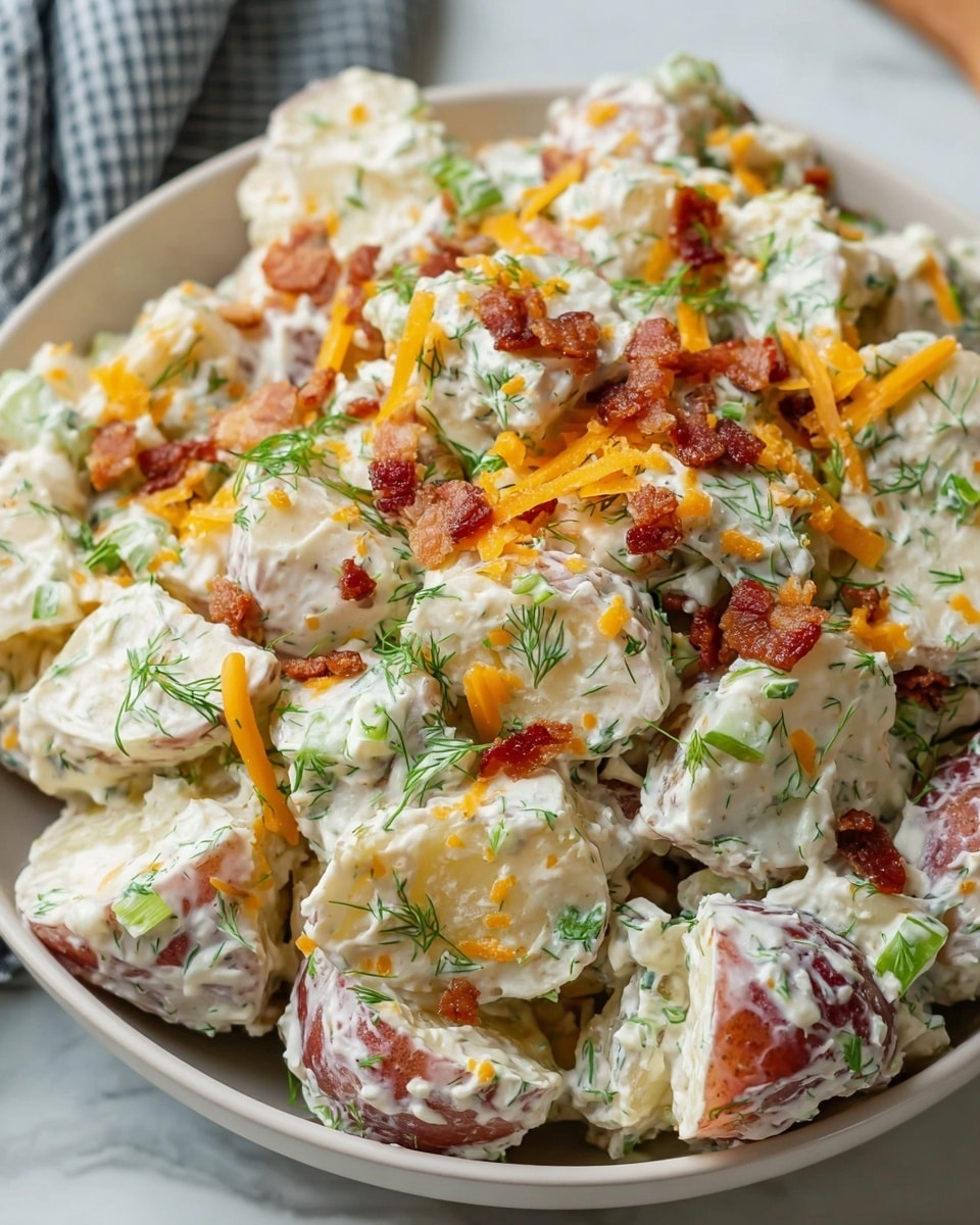 The dish is a creamy potato salad served in a white bowl placed on a white marbled surface. It consists of roughly chopped red-skinned potatoes with visible skin bits, all generously coated in a thick white creamy dressing. Scattered throughout are small green dill leaves and pieces of chopped celery, adding green specks over the salad. Bright orange shredded cheddar cheese is sprinkled on top, along with crispy, small chunks of brown bacon bits spread unevenly. The textures mix soft from the potatoes and creamy dressing with crunchy from the bacon and fresh herbs. Photo taken with an iphone --ar 4:5 --v 7