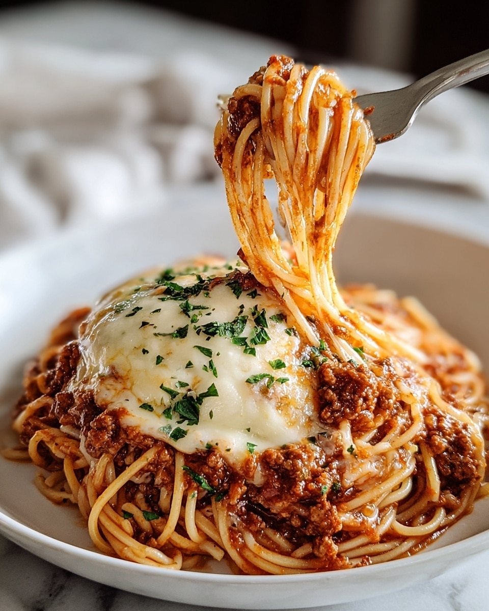 A white plate holds a serving of spaghetti layered with rich red pasta sauce mixed with ground meat, evenly coated over the noodles. There is a generous layer of melted white cheese on top, slightly browned and smooth in texture, sprinkled with chopped green herbs for contrast. A fork lifts a twisted bunch of spaghetti from the plate, showing the sauce and cheese stretching softly between the strands. The dish is set on a white marbled textured surface. photo taken with an iphone --ar 4:5 --v 7