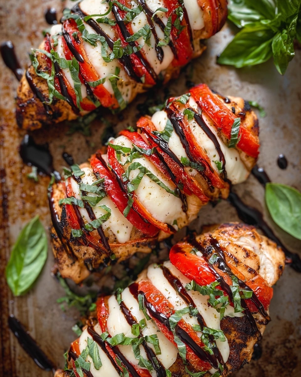 Three pieces of grilled chicken breast are sliced almost through and layered with alternating red tomato slices and white melted cheese. Each layer is separated with green basil leaves, and the whole dish is drizzled with a glossy dark balsamic glaze. The chicken breasts rest on a grilling pan with grill marks visible, surrounded by a few scattered basil leaves. The colors are warm with a mix of red, white, green, and browned grilled edges. photo taken with an iphone --ar 4:5 --v 7