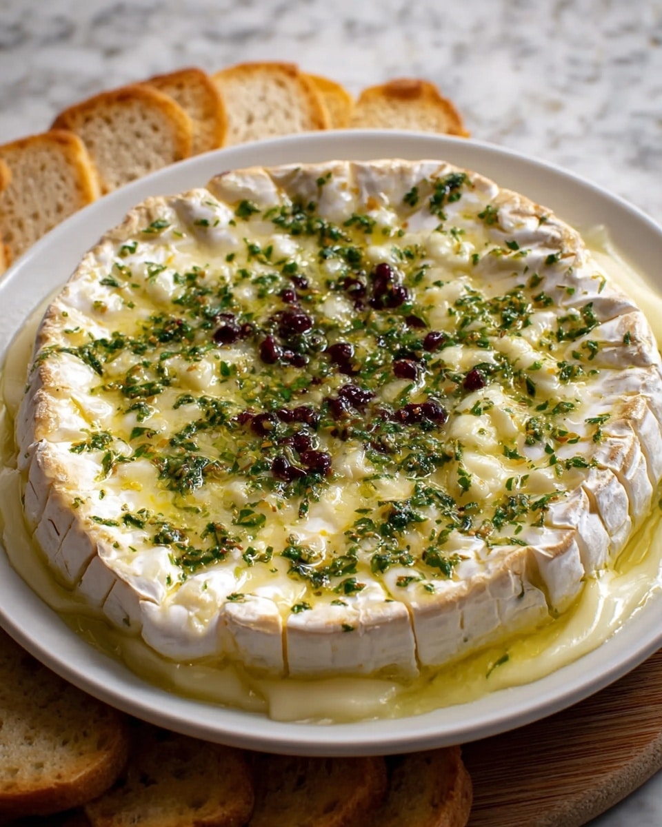 A baked round pastry with a golden-brown, flaky crust, folded up around a creamy, melted white cheese center that is oozing slightly onto the plate. The surface of the cheese is topped with finely chopped fresh green herbs and small dark red bits, creating a contrast in texture and color. The dish is served on a white plate sitting on a wooden board, with some fresh sprigs of herbs scattered around the plate edges, and partially visible slices of toasted bread in the background. photo taken with an iphone --ar 4:5 --v 7