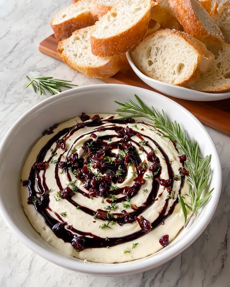 A white bowl filled with a creamy, smooth dip spread evenly as the first layer, topped with a spiral drizzle of dark balsamic glaze that creates a striking contrast. Scattered on top are small, dark red dried berries and sprinkled fresh green rosemary leaves, with one larger sprig of rosemary placed on the right side for garnish. Behind the bowl, slices of crusty bread with light golden edges and a soft, airy interior are stacked loosely inside a white bowl, all set on a white marbled surface. photo taken with an iphone --ar 4:5 --v 7