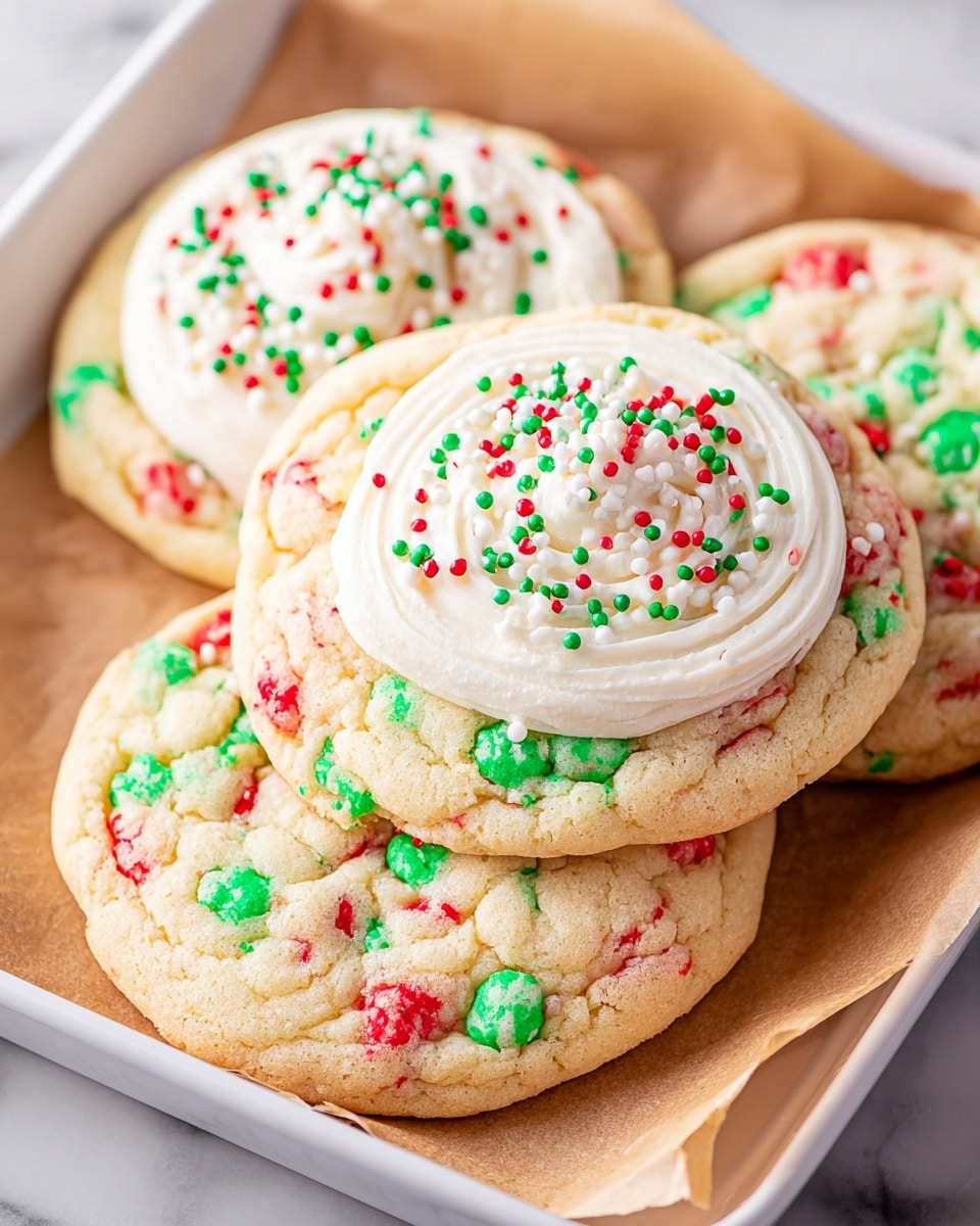 Three cookies lie stacked in a white tray lined with brown paper, each cookie showing a thick base with colorful sprinkles baked into the dough in green, red, and white. On top of each cookie is a smooth layer of white frosting applied in a circular swirl, sprinkled evenly with tiny green, red, and white sprinkles. The cookies have a soft, slightly cracked texture and a golden yellow color, with the frosting standing out brightly against the cookie base. The tray rests on a white marbled surface. photo taken with an iphone --ar 4:5 --v 7