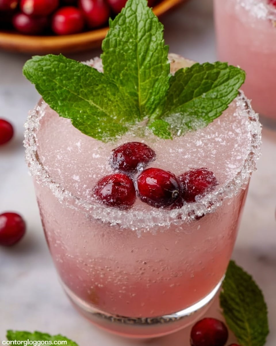 A close-up of a clear glass filled with a light pink, icy drink with a frosty texture on top. The drink is garnished with five dark red cranberries floating near the surface, along with three large, fresh green mint leaves placed upright in the center. The rim of the glass appears to be coated with a layer of sugar crystals. The glass is resting on a white marbled surface with a few loose cranberries and green mint leaves scattered around. Photo taken with an iphone --ar 4:5 --v 7