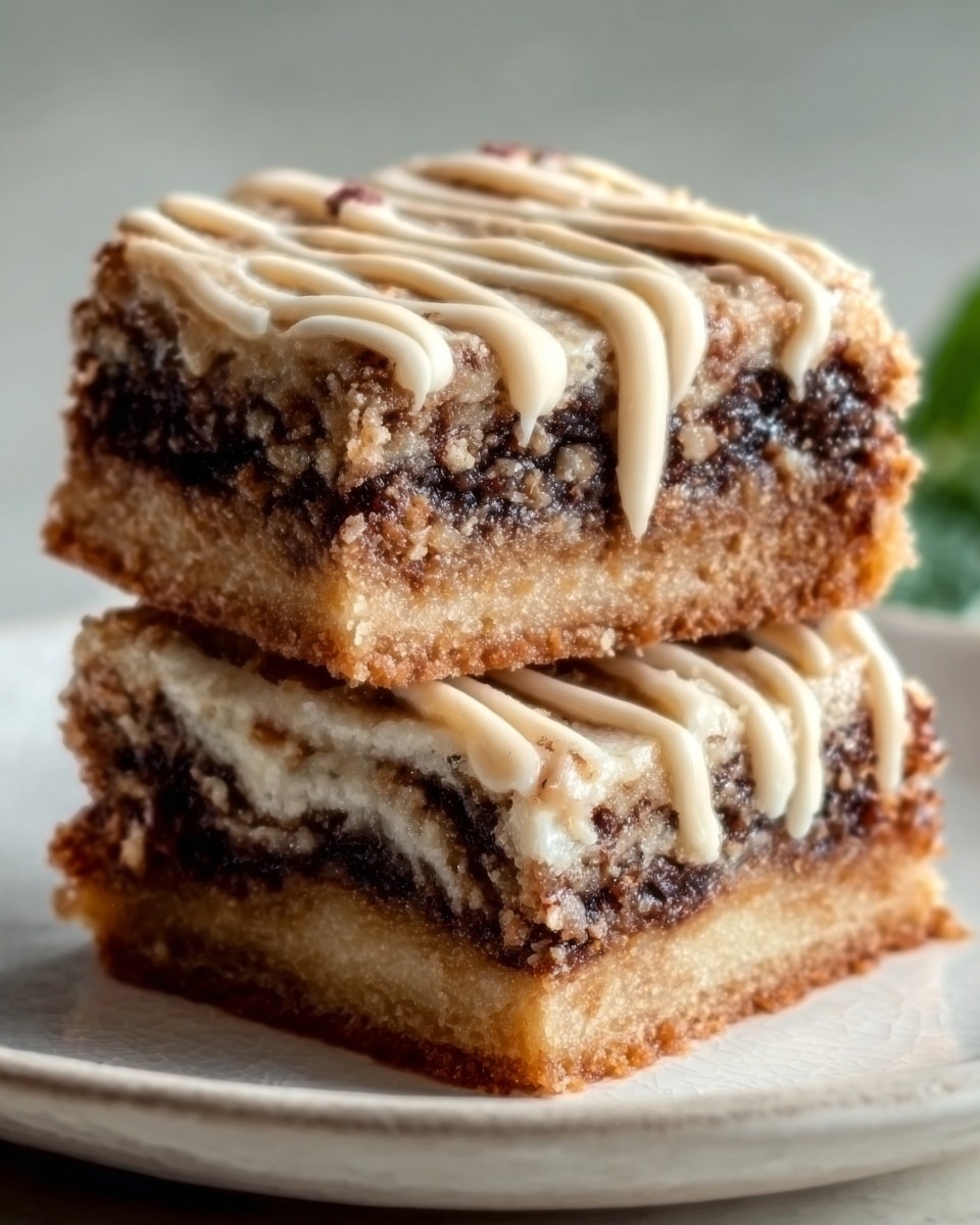The image shows two thick square bars stacked on a white plate, each bar with three visible layers: the bottom and top layers are a light golden brown baked crust with a slightly crumbly texture, while the middle layer is dark brown with a rich, gooey filling. The entire stacked bars are drizzled with light beige icing in a zigzag pattern that also pools around the base on the plate. The background is a white marbled surface. Photo taken with an iphone --ar 4:5 --v 7