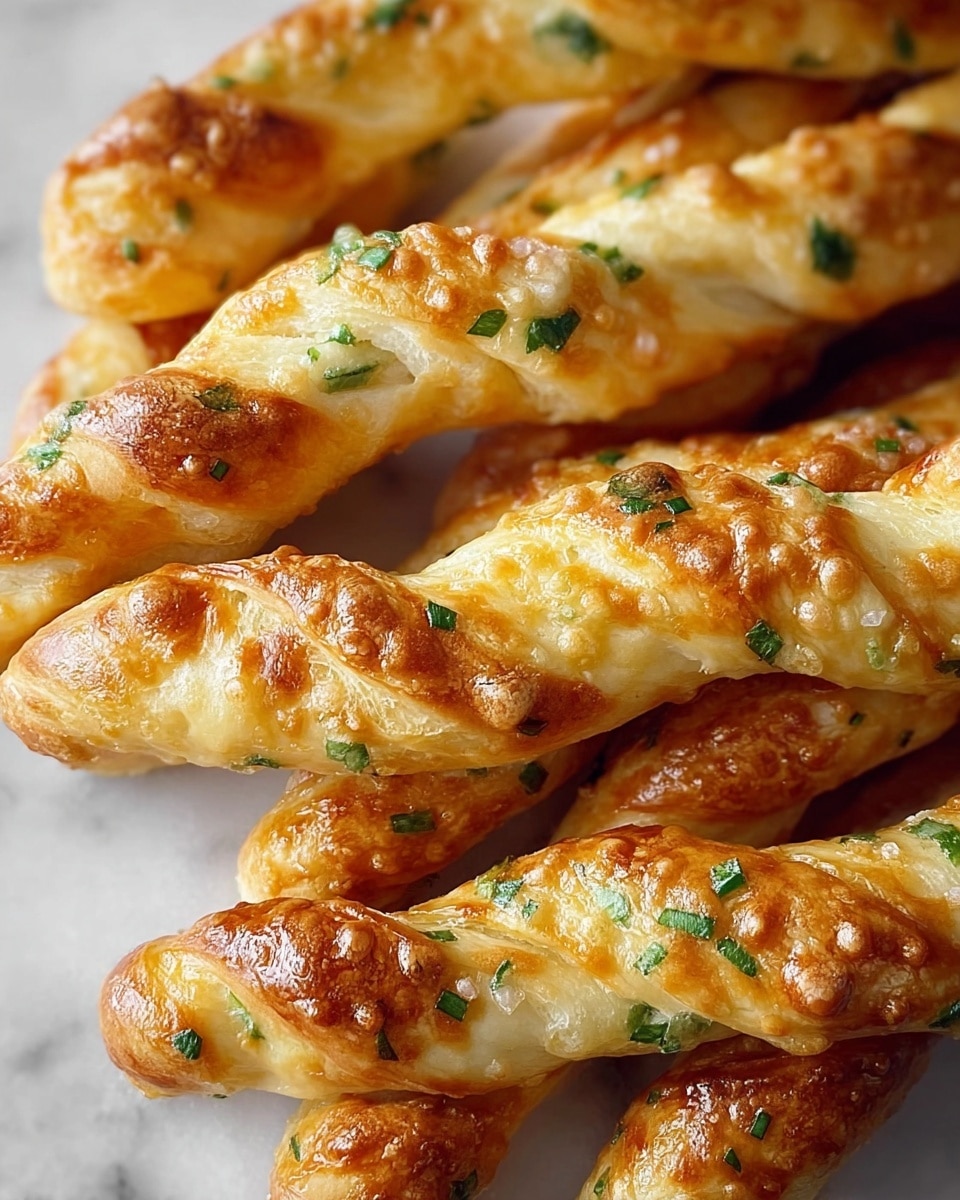 The image shows several twisted breadsticks stacked closely together on a white marbled surface. Each breadstick is golden brown with a shiny, slightly bubbled crust and small pieces of green herbs scattered inside the dough. The texture looks flaky and soft with some layers visible where the dough twists. The tops of the breadsticks are sprinkled with coarse salt, adding a touch of texture and contrast to the glossy brown. The breadsticks vary slightly in size but all have the same twisted shape and golden color. photo taken with an iphone --ar 4:5 --v 7