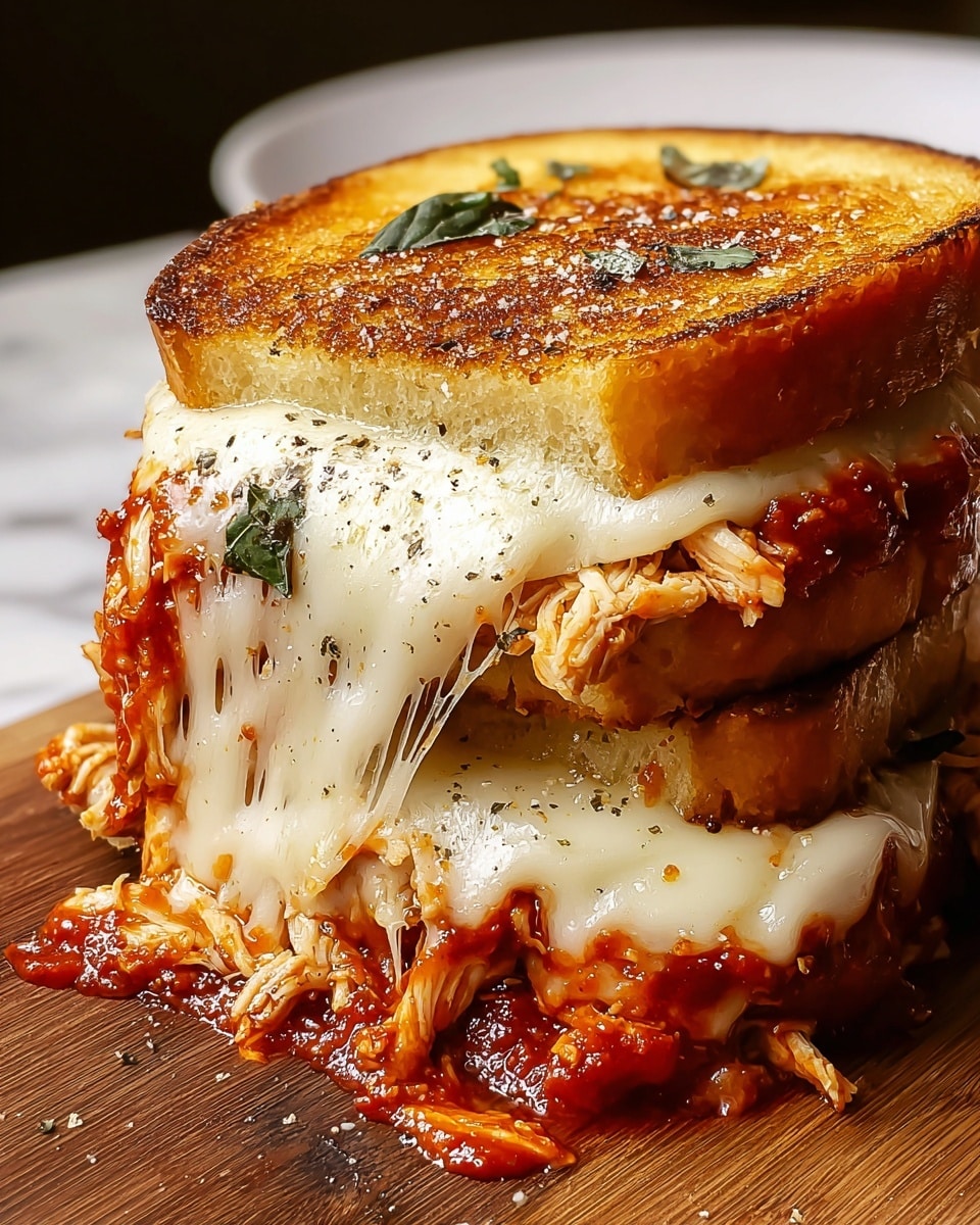 A close-up view of a thick sandwich with three main layers between two golden brown toasted slices of bread. The top toast is crispy and browned with some dark edges. Below it is a bright red sauce layer that looks like marinara with visible bits of herbs. Underneath the sauce is a thick layer of melted white cheese that oozes and stretches slightly over the sides. Below the cheese is shredded cooked chicken mixed with more red sauce, adding texture and color. The sandwich sits on a wooden board, with a white marbled surface background blurred behind. Photo taken with an iphone --ar 4:5 --v 7