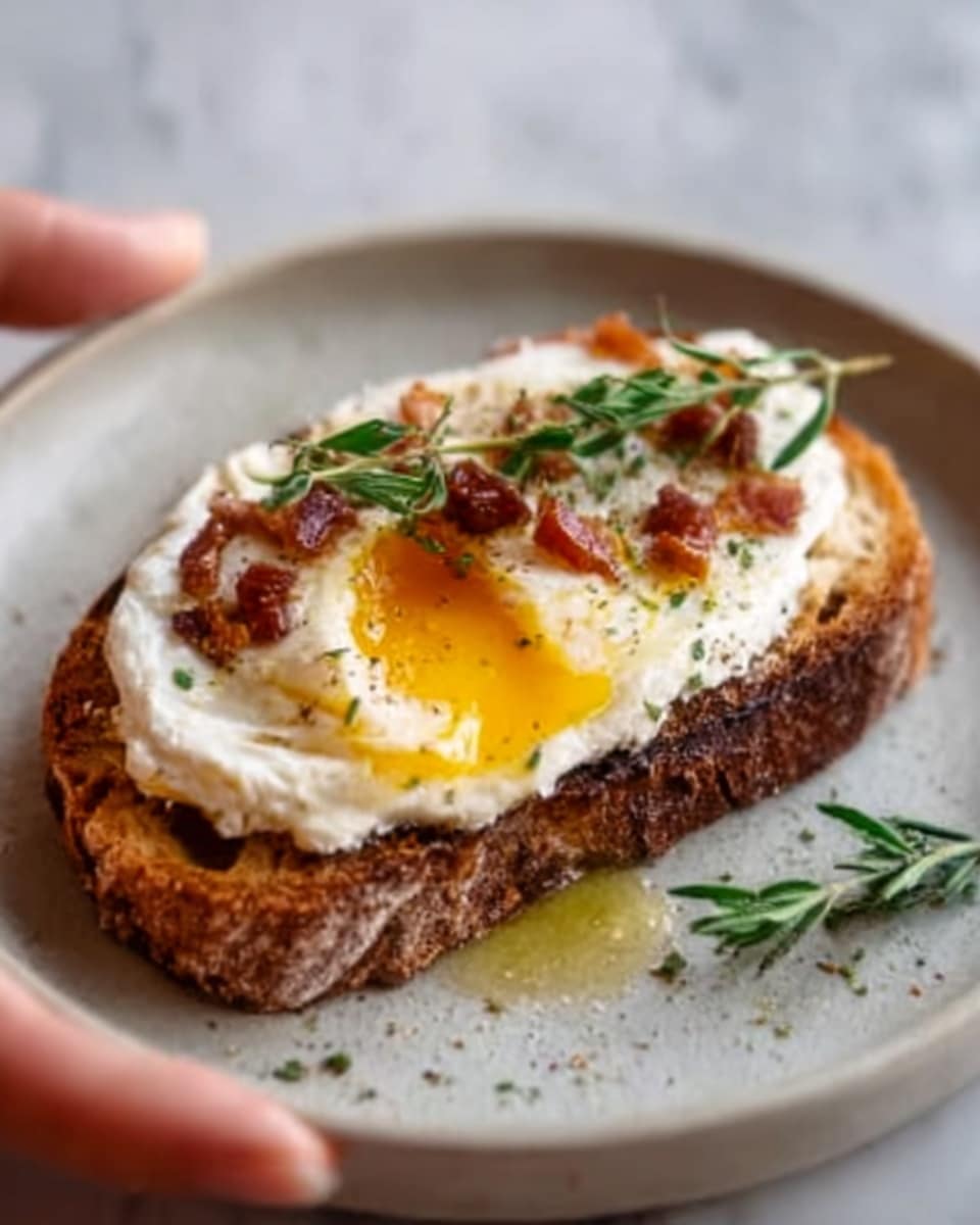 A single slice of toasted brown bread topped with a thick layer of creamy white spread, followed by a perfectly cooked fried egg with a bright yellow runny yolk in the center. Small bits of crispy brown bacon and a sprig of fresh green thyme decorate the top. The toast is placed on a white plate sitting on a white marbled surface, with some blurry green herbs in the background. Photo taken with an iphone --ar 4:5 --v 7