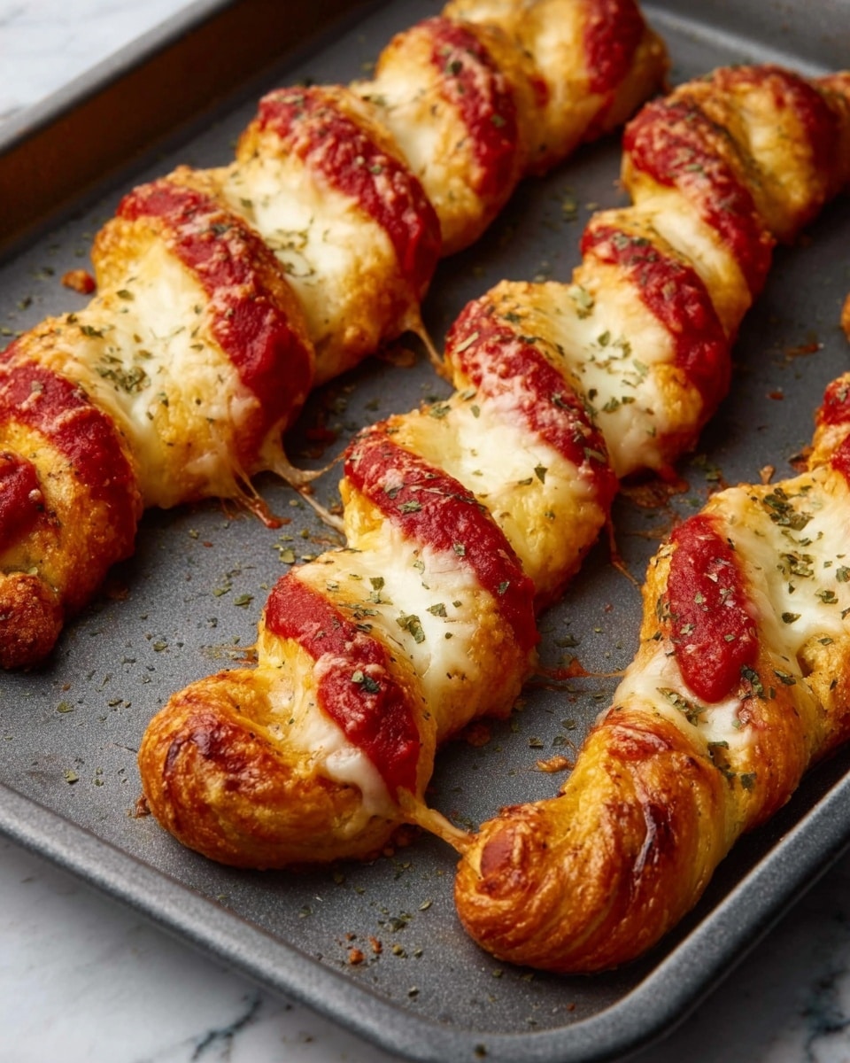 The image shows crescent-shaped bread twists on a metal baking sheet. Each twist has about six layers: a golden-brown baked dough base, topped with thick bands of bright red tomato sauce, alternating with melted white cheese that is slightly browned in spots. Small green herb flakes are sprinkled on top of the cheese. The twists have a soft, fluffy texture with some bubbly melted cheese and glossy sauce on the surface. Photo taken with an iphone --ar 4:5 --v 7