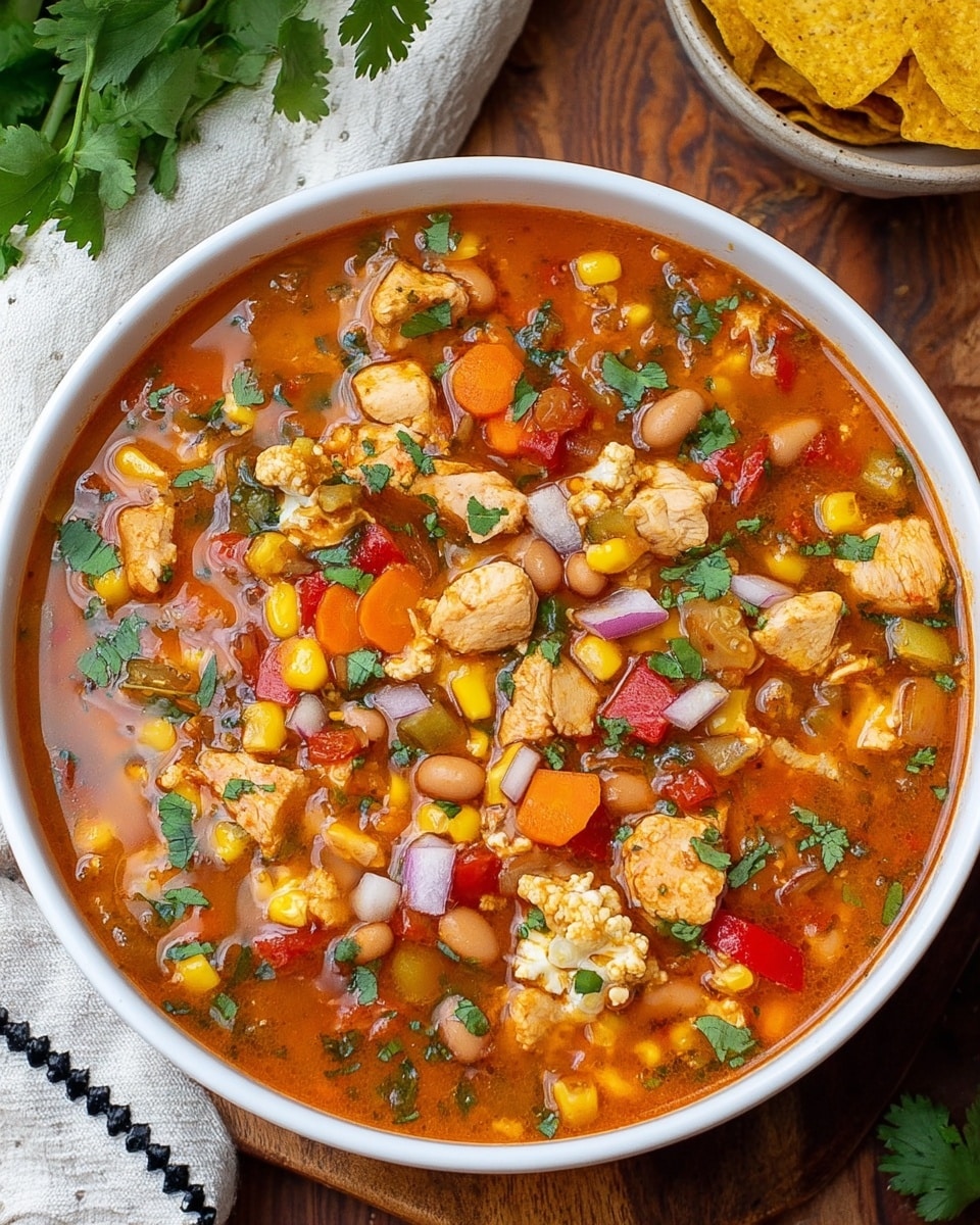 This image shows a white round bowl filled with a thick soup made of several colorful layers. The base layer is a rich orange-red broth that holds chunks of light-brown cooked chicken pieces. Scattered throughout are yellow corn kernels, brown beans, small orange carrot cubes, red bell pepper pieces, and small bits of cauliflower that are off-white. There are also finely chopped red onions and green cilantro leaves spread over the soup, adding fresh color. The bowl sits on a wooden surface with some sprigs of cilantro and a white cloth with black stitching next to it, and part of a bowl with yellow tortilla chips is in the top right corner. photo taken with an iphone --ar 4:5 --v 7