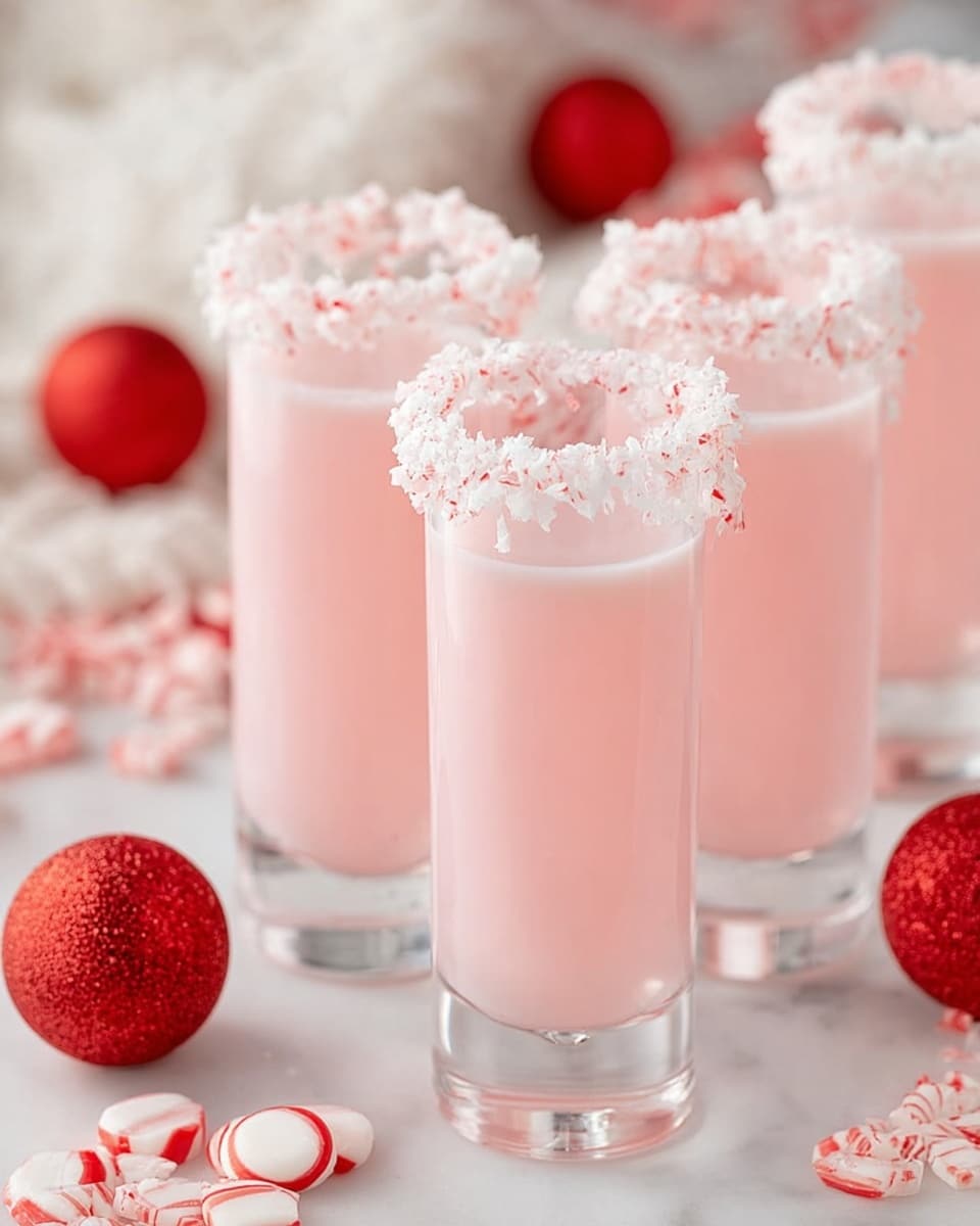 Four tall clear glasses filled with smooth, light pink liquid, each glass rim decorated with a textured white and red crushed candy coating. The glasses are placed on a white marbled surface scattered with red and white round peppermint candies and small red holiday ornaments. Soft, fluffy white fabric is seen in the blurred background, adding a cozy feel. The scene has a festive and sweet look, photo taken with an iphone --ar 4:5 --v 7