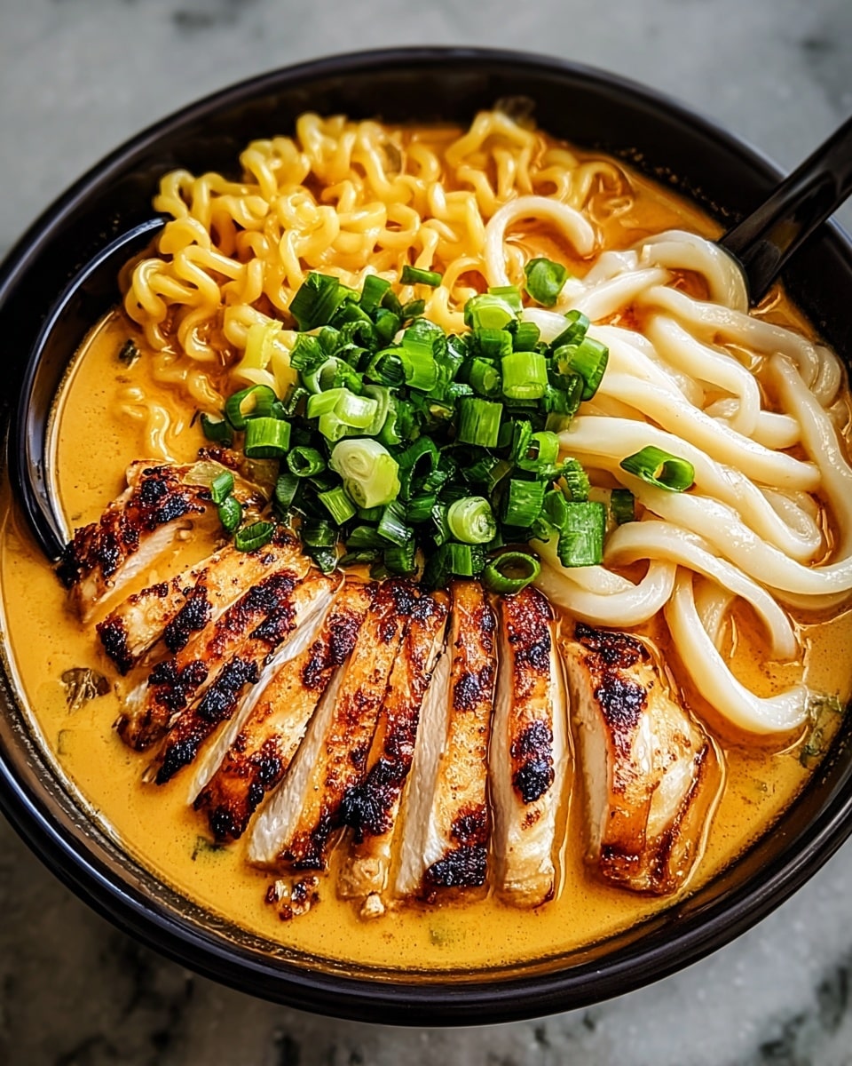 A black bowl filled with creamy orange broth holding three main sections of noodles and toppings; on the left, wavy yellow ramen noodles partially soaked in the broth, topped by a pile of bright green chopped scallions at the center, next to thick, smooth white udon noodles on the right side; in front of the scallions, a row of juicy grilled chicken slices with a golden-brown, slightly charred skin sits on top of the broth, showing tender white meat inside, all resting on a white marbled surface with a black spoon in the bowl. photo taken with an iphone --ar 4:5 --v 7
