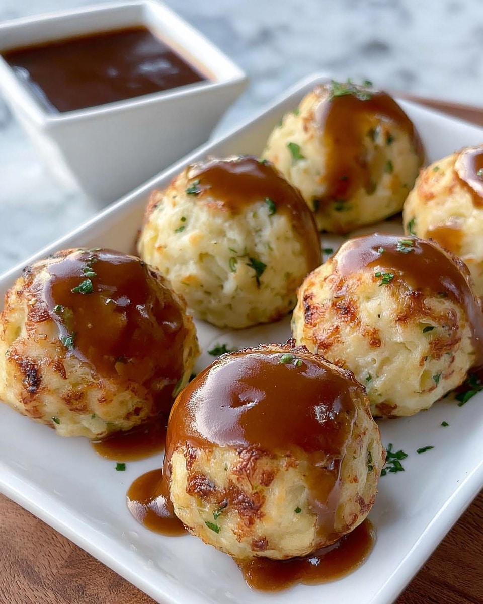 The image shows six round mashed potato balls with bits of green herbs mixed in, some having a golden-brown crispy outside texture and others smooth and creamy. Each ball is topped with a shiny, thick brown gravy sauce that drips slightly down the sides. They are arranged on a white rectangular plate with a small white square dish of dark brown sauce placed in the upper left corner. The background is a white marbled texture. photo taken with an iphone --ar 4:5 --v 7