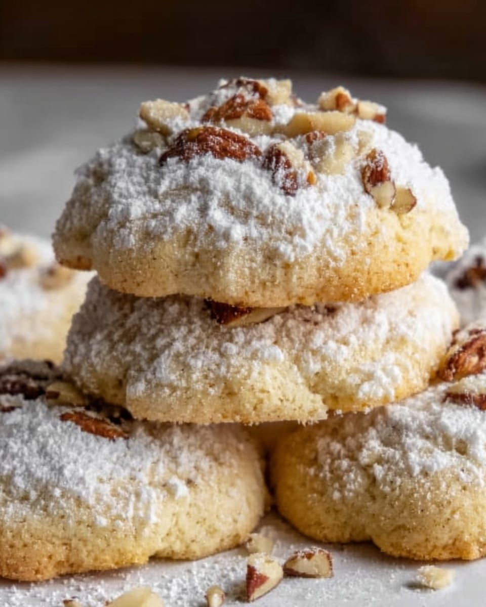 A close-up of a pile of three soft-looking cookies stacked unevenly on a white background with a white marbled texture. Each cookie has a light golden-brown base with a dusting of white powdered sugar evenly covering the top. Small pieces of chopped nuts in light brown shades are scattered on the very top of each cookie. The texture of the cookies shows a slightly crumbly, tender surface with a few cracks. The lighting is soft, highlighting the powder sugar and nuts. photo taken with an iphone --ar 4:5 --v 7