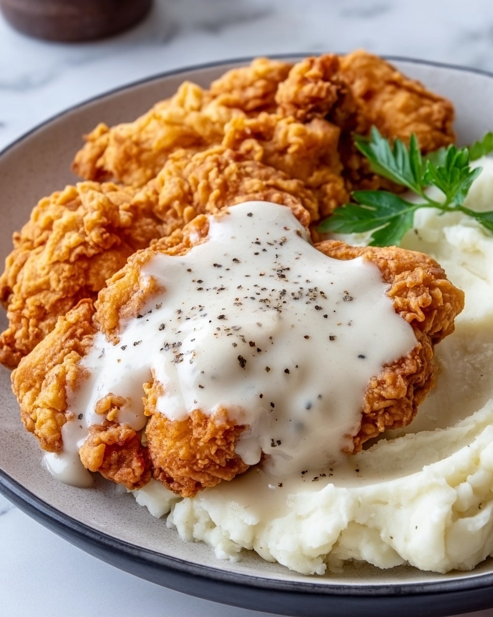 The image shows a white plate with crispy golden brown fried chicken pieces on the left side, topped with thick, white, creamy gravy sprinkled with black pepper. On the right side of the plate, there is a serving of white mashed potatoes with a smooth and slightly textured surface. A small green garnish is placed near the mashed potatoes. The plate sits on a white marbled surface with soft natural lighting. Photo taken with an iphone --ar 4:5 --v 7