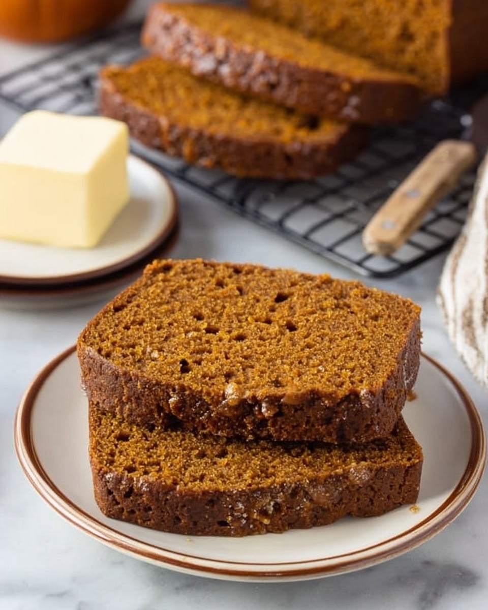 Two thick slices of brown pumpkin bread with a rough, crumbly texture are stacked slightly askew on a white plate with a thin brown rim. The bread has a moist, dense look with small holes throughout. In the background, more slices of the same pumpkin bread rest on a cooling wire rack. Behind that, a small white plate holds a cube of pale yellow butter and a butter knife. The setting is on a white marbled surface. Photo taken with an iphone --ar 4:5 --v 7