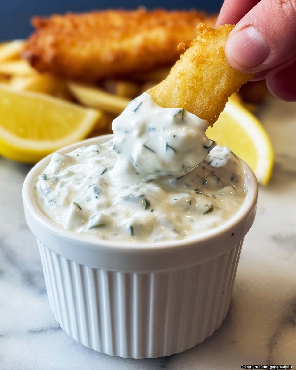 A golden-yellow fried fish piece is held by a woman's hand, partially dipped into a thick, creamy, white tartar sauce with specks of green herbs and small white chunks, all contained in a small, dark blue ridged ramekin; behind the ramekin, crispy golden fries rest on a white plate with a bright yellow lemon wedge beside them, and the whole scene is set against a white marbled textured surface. photo taken with an iphone --ar 4:5 --v 7