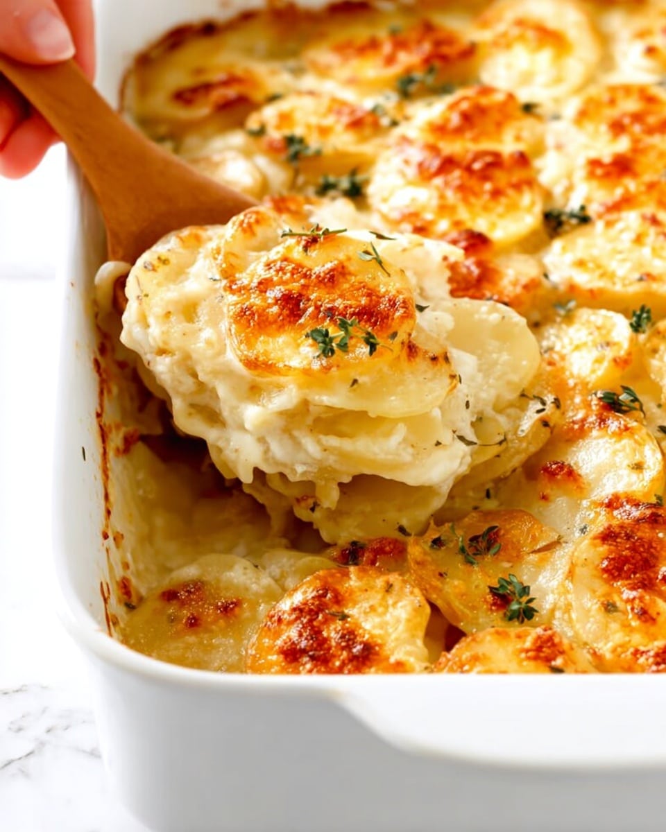 A close-up view of a white baking dish filled with creamy scalloped potatoes showing several layers of thinly sliced potatoes in a pale yellow sauce. The top layer is golden-brown, with melted cheese that is bubbly and slightly crispy on the edges, sprinkled with fresh green thyme leaves and some black pepper. A woman's hand is using a wooden spoon to scoop a portion from the corner, revealing the soft, creamy texture of the potatoes beneath the golden crust. The dish is set on a white marbled surface. photo taken with an iphone --ar 4:5 --v 7