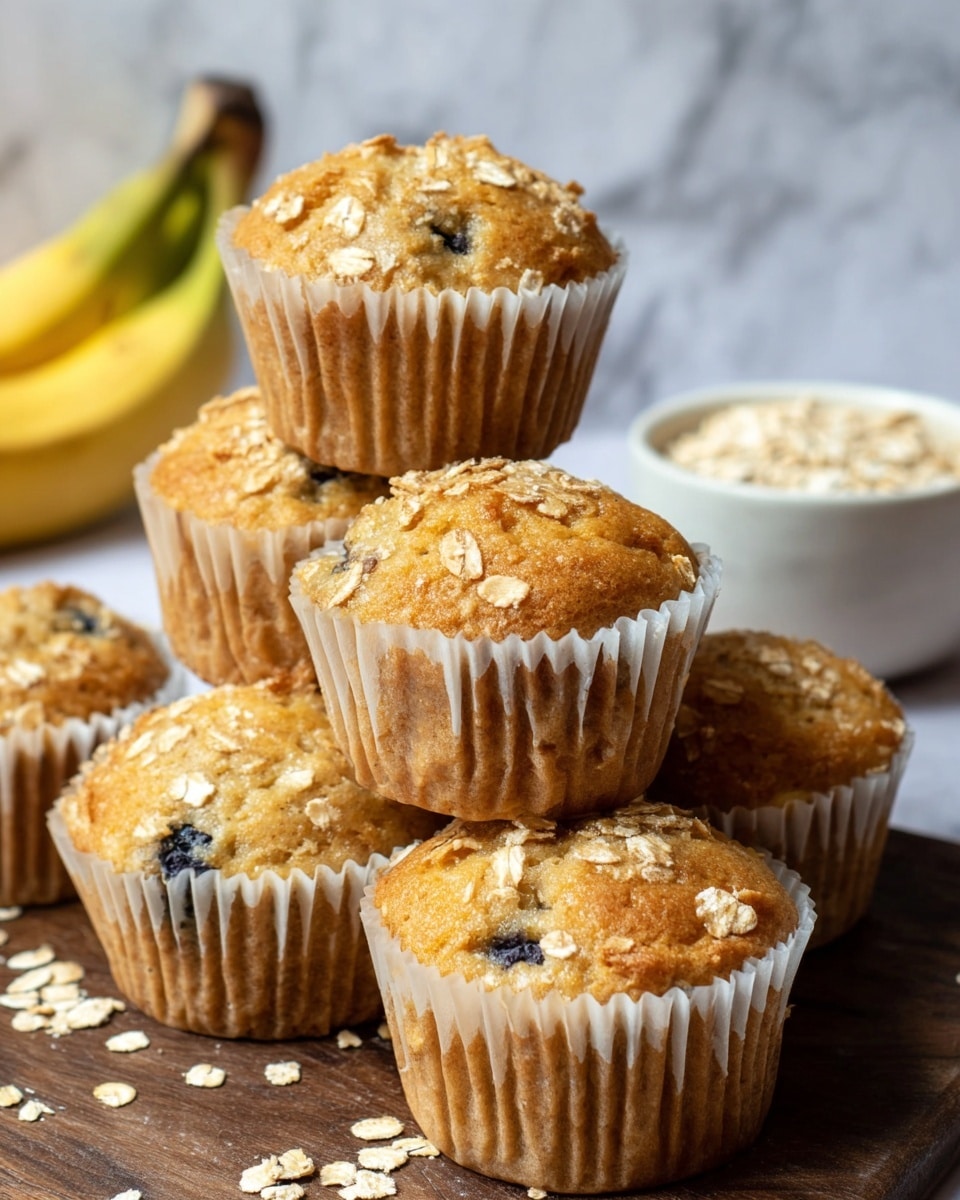A group of golden-brown muffins topped with oat flakes are placed on a dark wooden surface, with some oat flakes scattered around them. Behind the muffins, there are bright yellow bananas slightly out of focus, along with two white bowls filled with oats and more muffins. The textures show the muffins as soft with a slightly rough oat topping, and the background has a soft, blurred look highlighting the muffins in front. photo taken with an iphone --ar 4:5 --v 7
