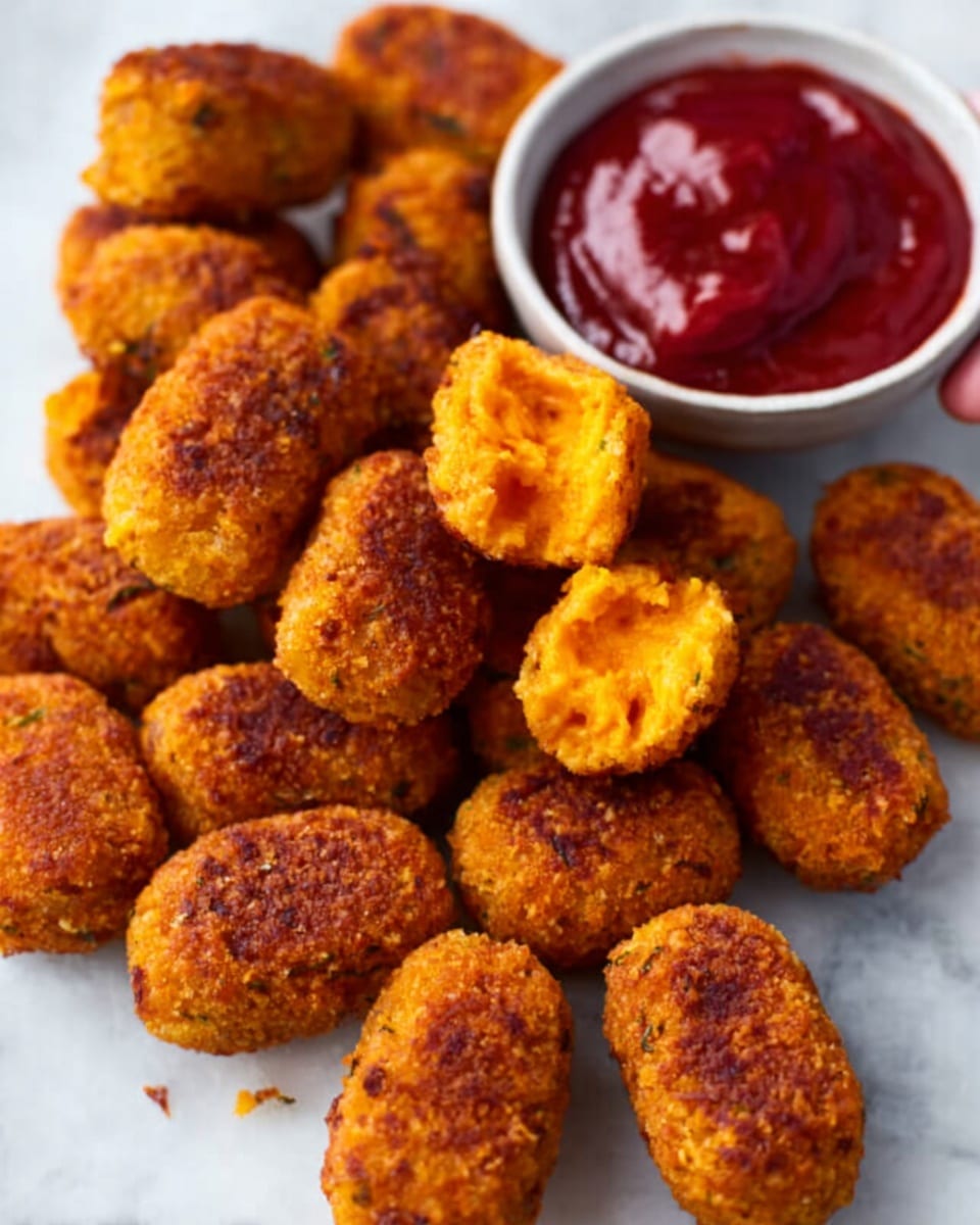 The image shows many small, golden-brown croquettes arranged closely on a white marbled surface, each with a crispy, textured outer layer. Some croquettes are cut open, revealing a smooth, bright orange inside that looks soft and creamy. In the top right corner, there is a small white bowl filled with a vibrant red dipping sauce, which looks thick and shiny. A woman's hand is seen picking up one croquette from the left side of the image. The lighting highlights the croquettes' crunchy texture and rich colors, making them look warm and tasty. Photo taken with an iphone --ar 4:5 --v 7