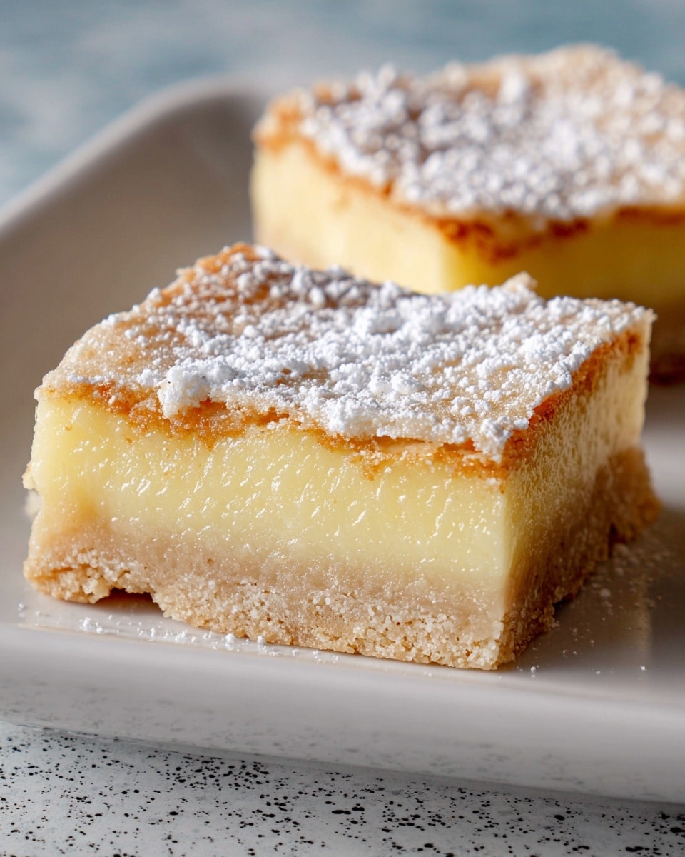 Two square bars sit on a white plate placed on a white marbled textured surface. Each bar has three layers: the bottom layer is thick, beige, and crumbly like a cookie base; the middle layer is a pale yellow, smooth and creamy custard, thicker than the base; the top layer is thin, golden-brown with a lightly rough texture, and dusted with fine white powdered sugar. The front bar is in sharp focus, showing clear texture details, while the second bar behind it is slightly blurred. Photo taken with an iphone --ar 4:5 --v 7