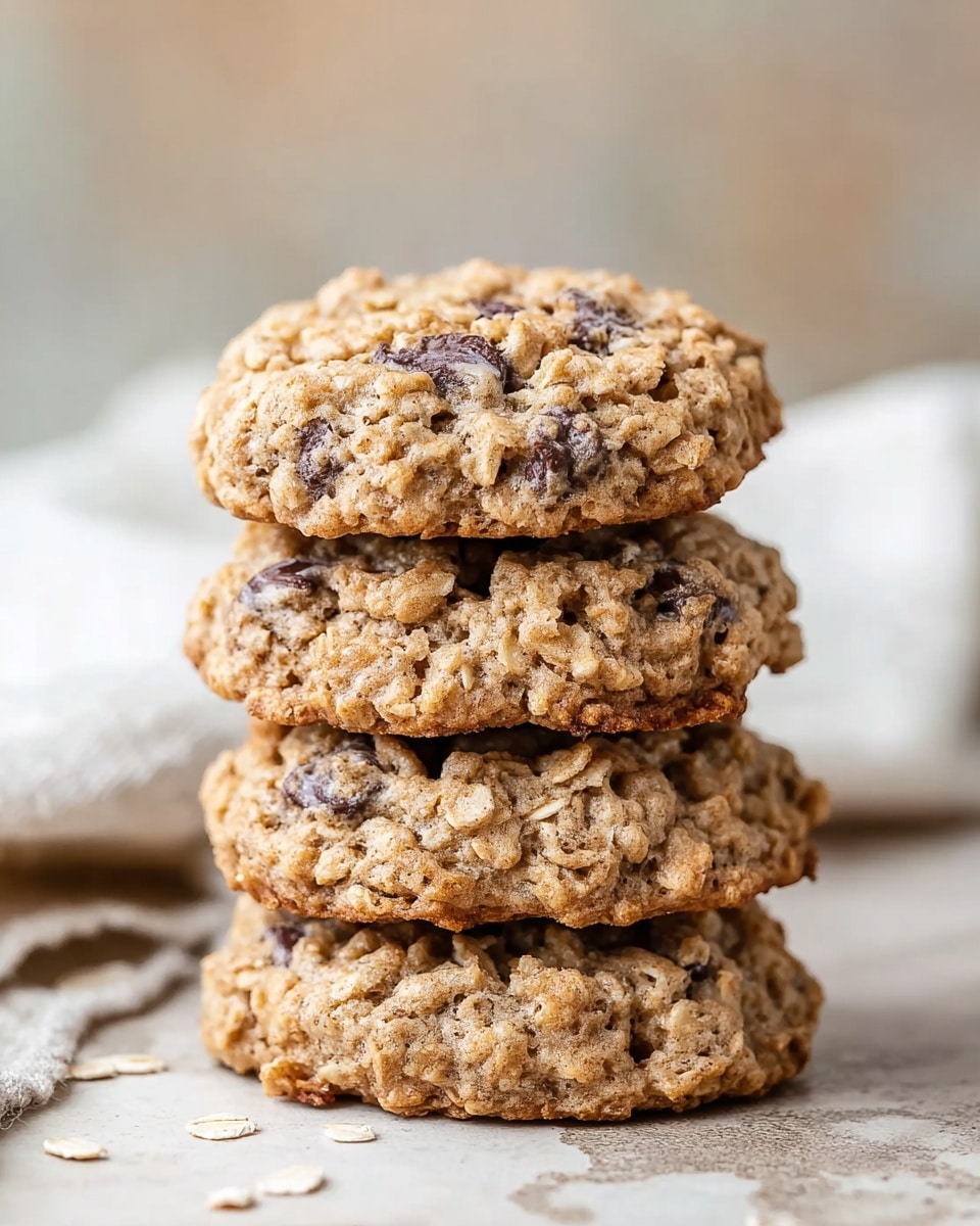 A stack of four round oatmeal chocolate chip cookies is shown close up with a light brown, slightly rough and chunky texture from oats, and visible dark chocolate chips scattered throughout each cookie layer. The edges of the cookies are slightly golden, and the layers are thick and soft-looking, sitting one on top of the other. The background includes a white marbled texture surface with a blurred white cloth nearby, creating a cozy and warm feeling. Photo taken with an iphone --ar 4:5 --v 7