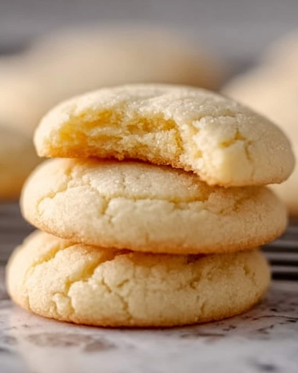 The image shows a close-up of three soft, round cookies stacked on top of each other on a cooling rack. The top cookie has a bite taken out, revealing a light, crumbly inside with a soft texture. Each cookie has a pale golden color with slight cracks on the surface, showing they are freshly baked. The cooling rack has thin dark wires crossing under the cookies. Behind the stack, more cookies can be seen, slightly blurred. The background is a white marbled texture. Photo taken with an iphone --ar 4:5 --v 7