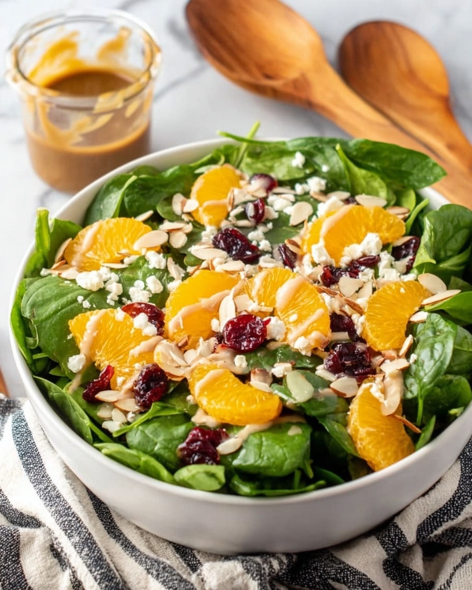 The image shows a white bowl filled with a fresh salad placed on a white marbled surface. The salad has several layers starting with dark green spinach leaves at the bottom, topped with bright orange mandarin slices scattered evenly. There are also small pieces of white cheese crumbles and thinly sliced almonds spread over the salad. Small dark red dried cranberries add contrast on top of the other ingredients. In the background, there is a small glass container with brown dressing and wooden salad servers with a woman's hand resting near the bowl. A striped cloth is partially visible beneath and around the bowl, adding a cozy feel to the scene. photo taken with an iphone --ar 4:5 --v 7
