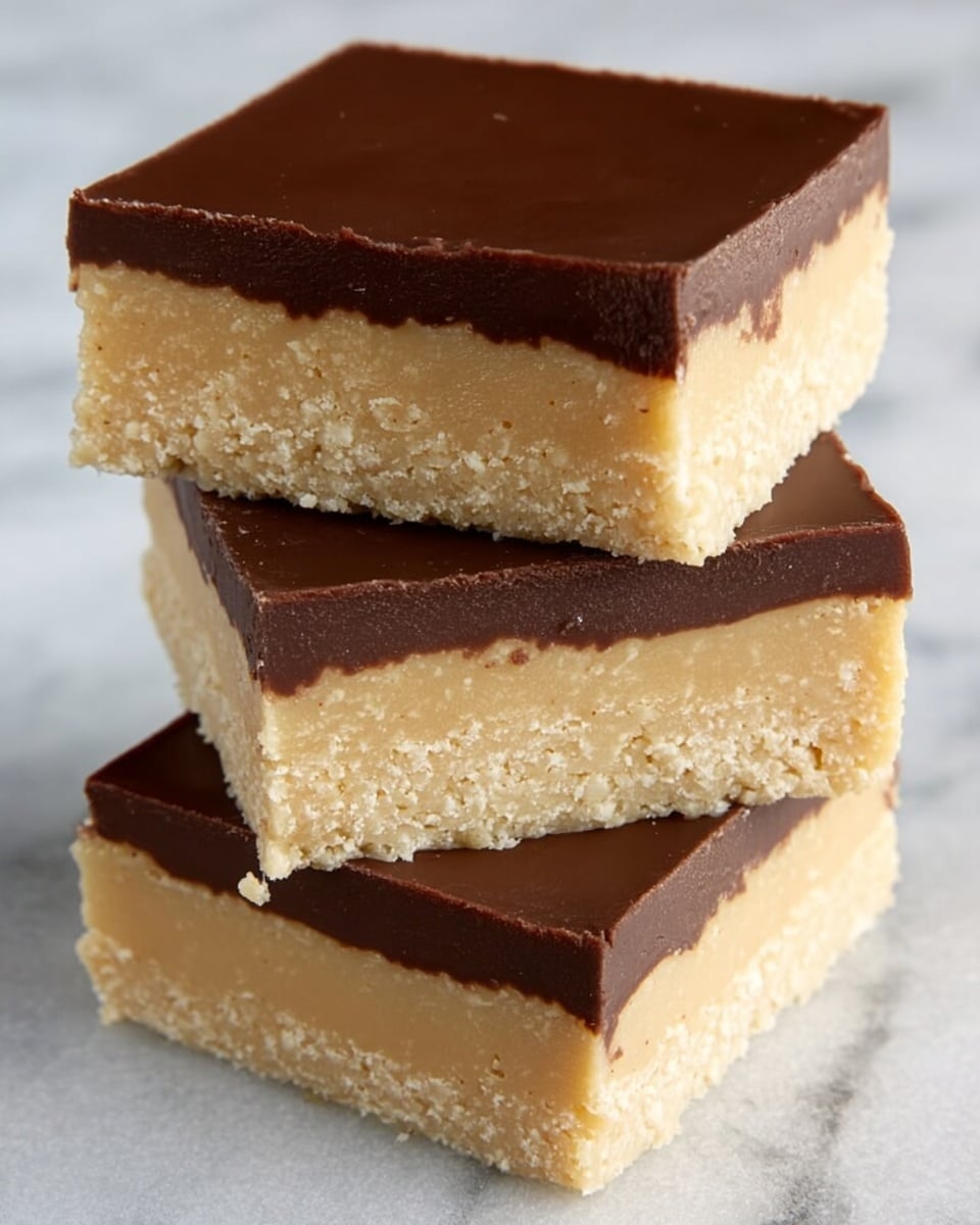 The image shows three square bars stacked on top of each other, each with two distinct layers. The bottom layer is thick and creamy with a light beige color and a slightly crumbly texture. The top layer is thinner, smooth, and dark brown, resembling a chocolate coating. The bars are placed on a white marbled surface, and the edges of the bars are clean and sharp. photo taken with an iphone --ar 4:5 --v 7