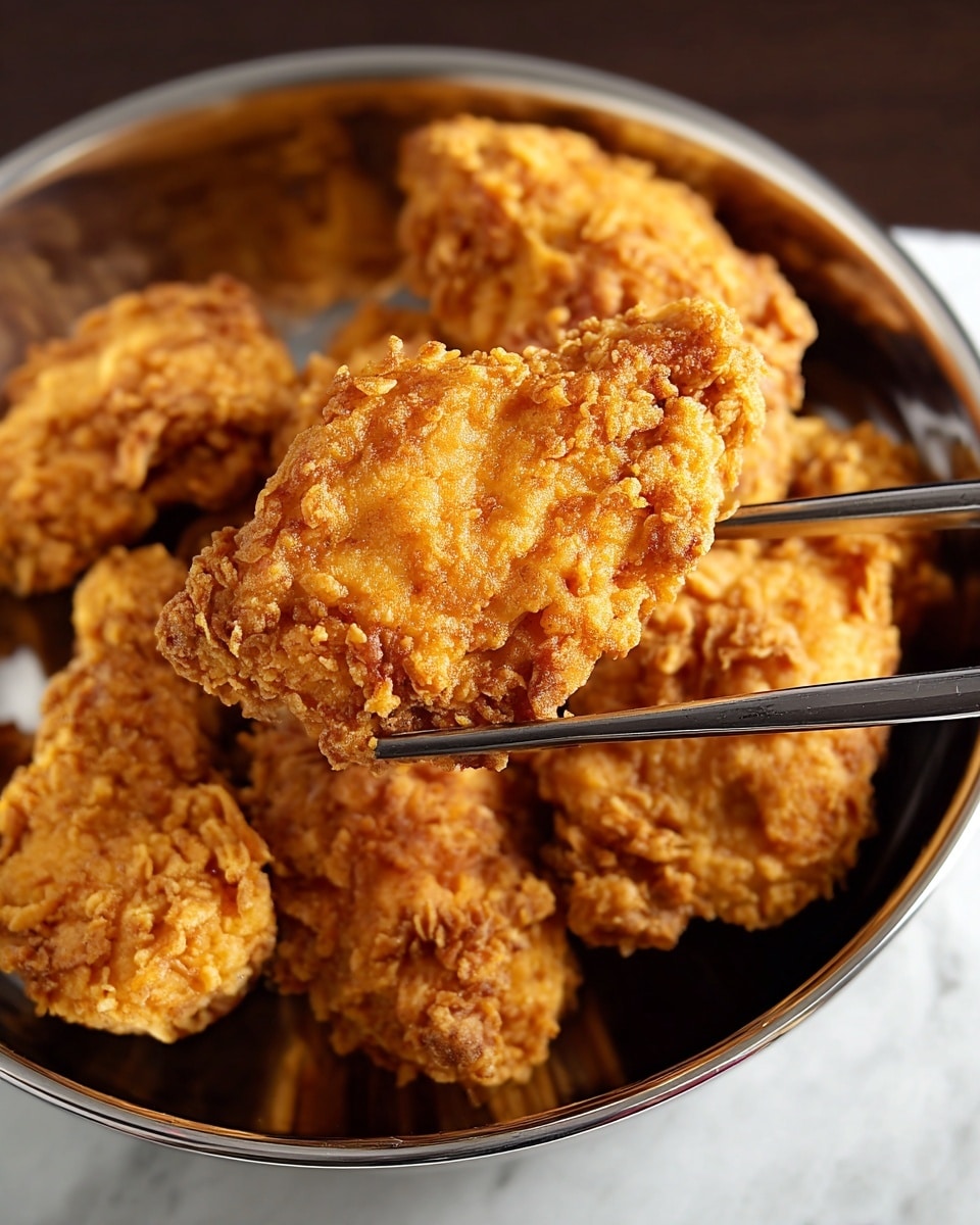 A close-up view of a silver metal bowl filled with six pieces of golden brown fried chicken, each piece featuring a rough and crispy texture with uneven crumbles on the surface. One piece is held above the bowl by a pair of silver metal chopsticks, showing detailed bumps and crunchy coating on its surface. The bowl sits on a white marbled surface. photo taken with an iphone --ar 4:5 --v 7