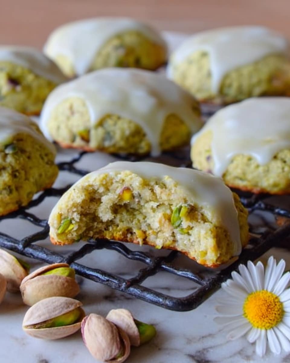 The image shows several round pistachio cookies with a light green color, sitting on a black wire cooling rack. One cookie in the front is slightly broken, revealing a soft, crumbly inside with bits of pistachio visible. Each cookie has a shiny, thin white glaze on top that adds a smooth texture contrast. Around the rack are whole pistachio nuts and a small white and yellow flower, adding a natural touch. The background is a white marbled surface. photo taken with an iphone --ar 4:5 --v 7