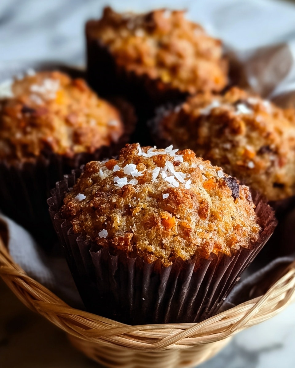 A group of five small muffins sits closely together in a light brown basket, each muffin having a rough textured golden-brown top with small pieces of darker and orange bits inside. The muffin tops are sprinkled with small white flakes, and each muffin is wrapped in a dark brown pleated paper liner that contrasts with the light basket. The focus is on the front muffin, showing its crumbly surface in sharp detail, while the muffins in the background are softly blurred. The setting has a white marbled texture beneath the basket. Photo taken with an iphone --ar 4:5 --v 7